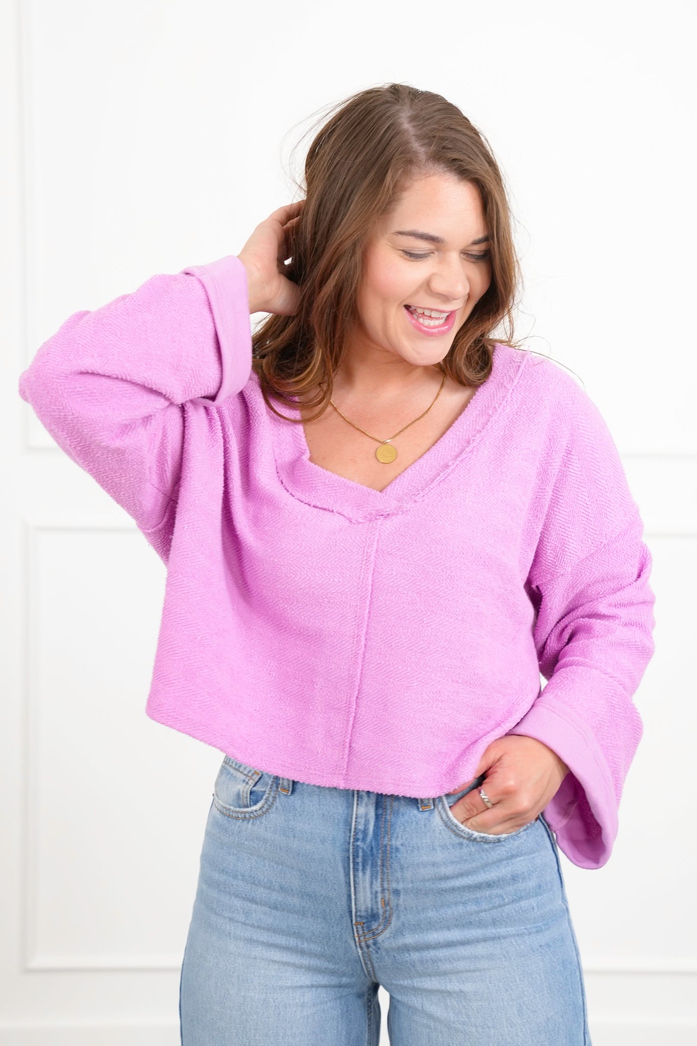 Long Sleeve V Neck Top with Cut Out Back Detail