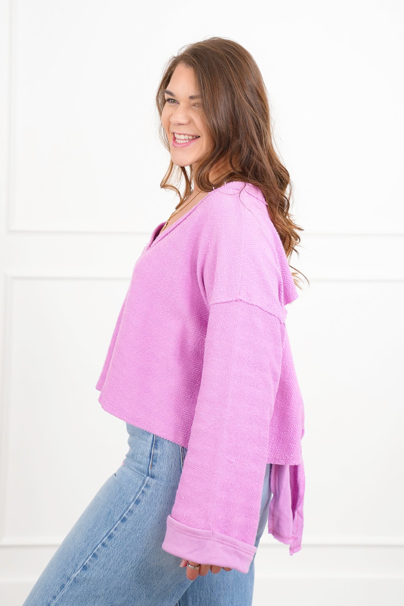 Long Sleeve V Neck Top with Cut Out Back Detail