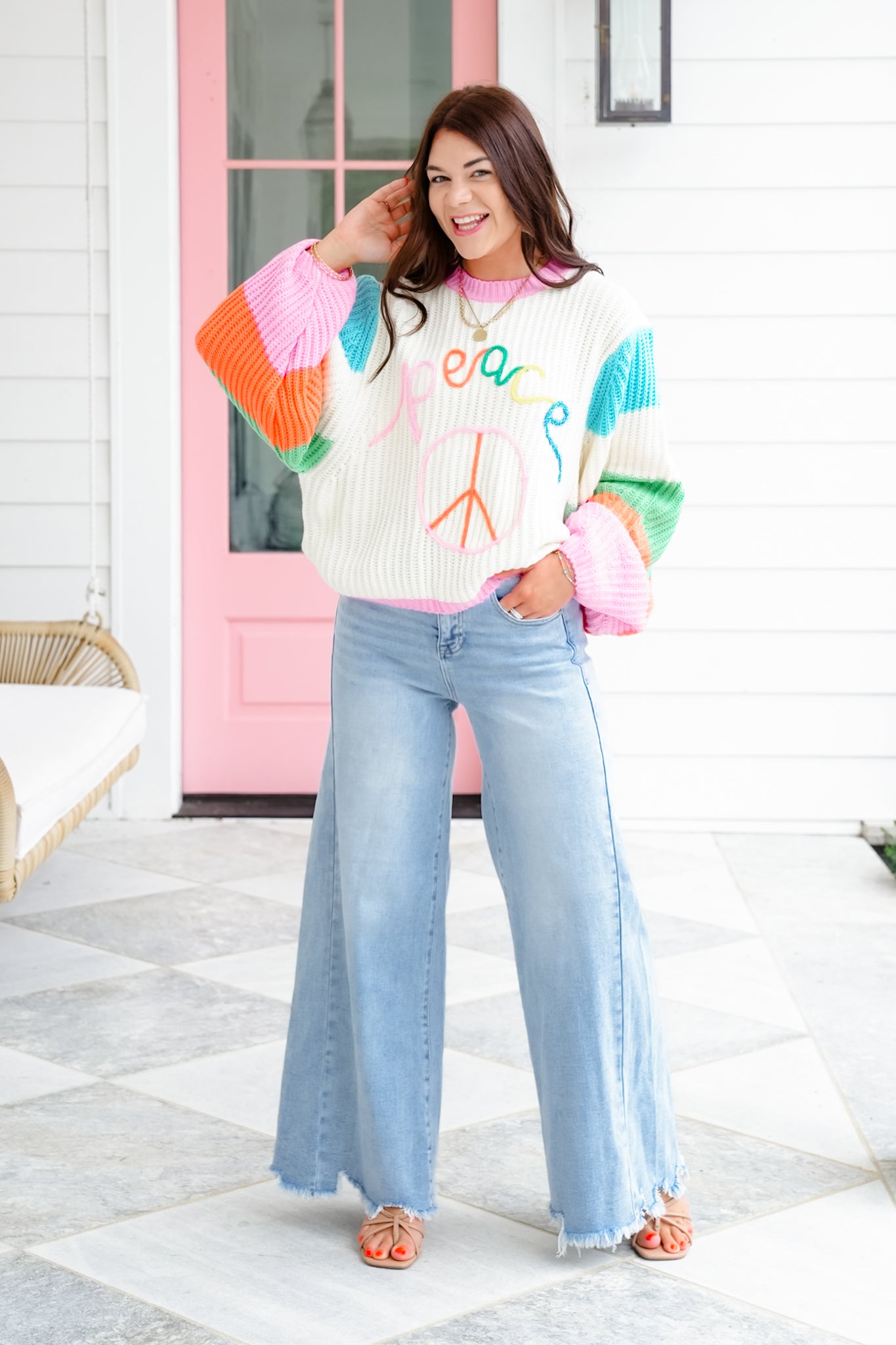 Plus/Reg Color Block Long Sleeve Sweater with Peace Sign