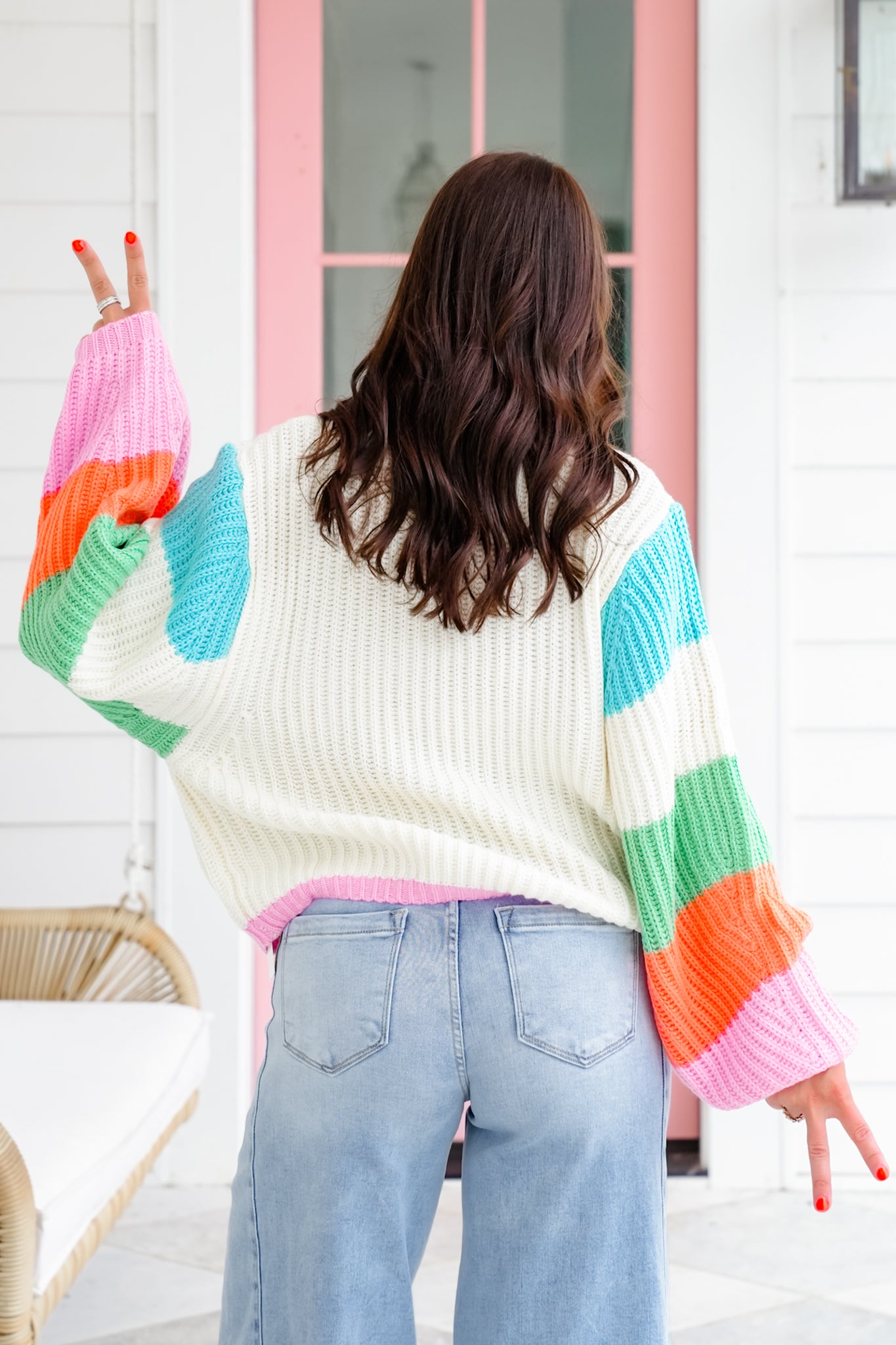 Plus/Reg Color Block Long Sleeve Sweater with Peace Sign