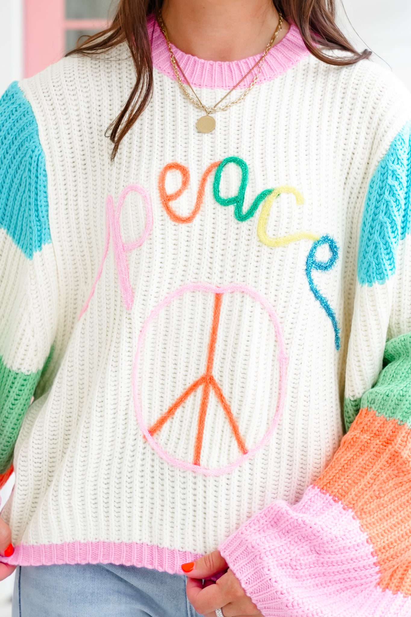 Plus/Reg Color Block Long Sleeve Sweater with Peace Sign