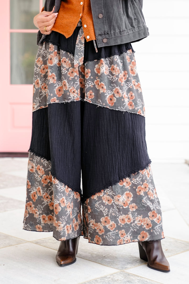 POL Black Elastic Waist Wide Leg Pants with Floral Print