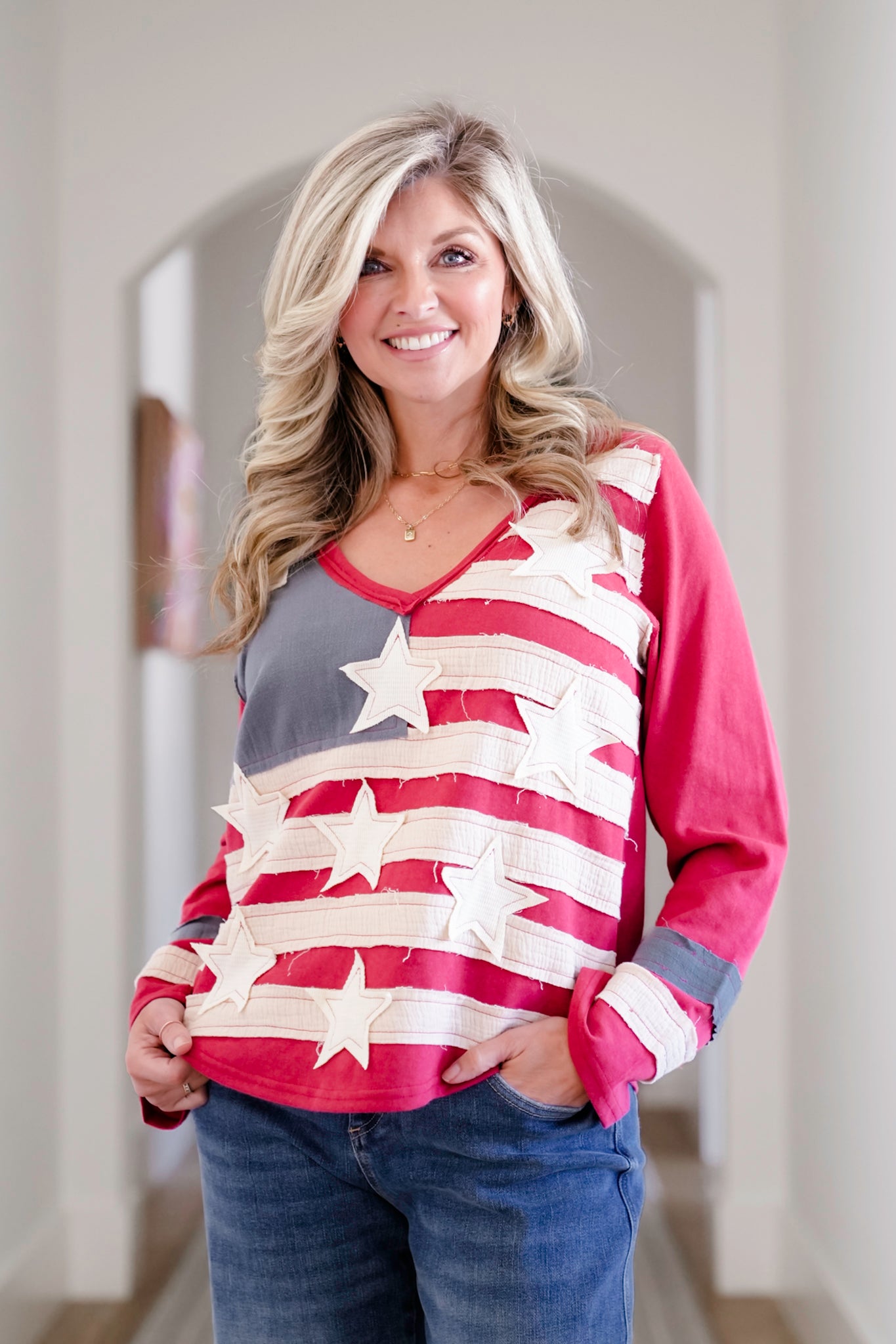 POL American Flag Patchwork Long Sleeve V Neck Top