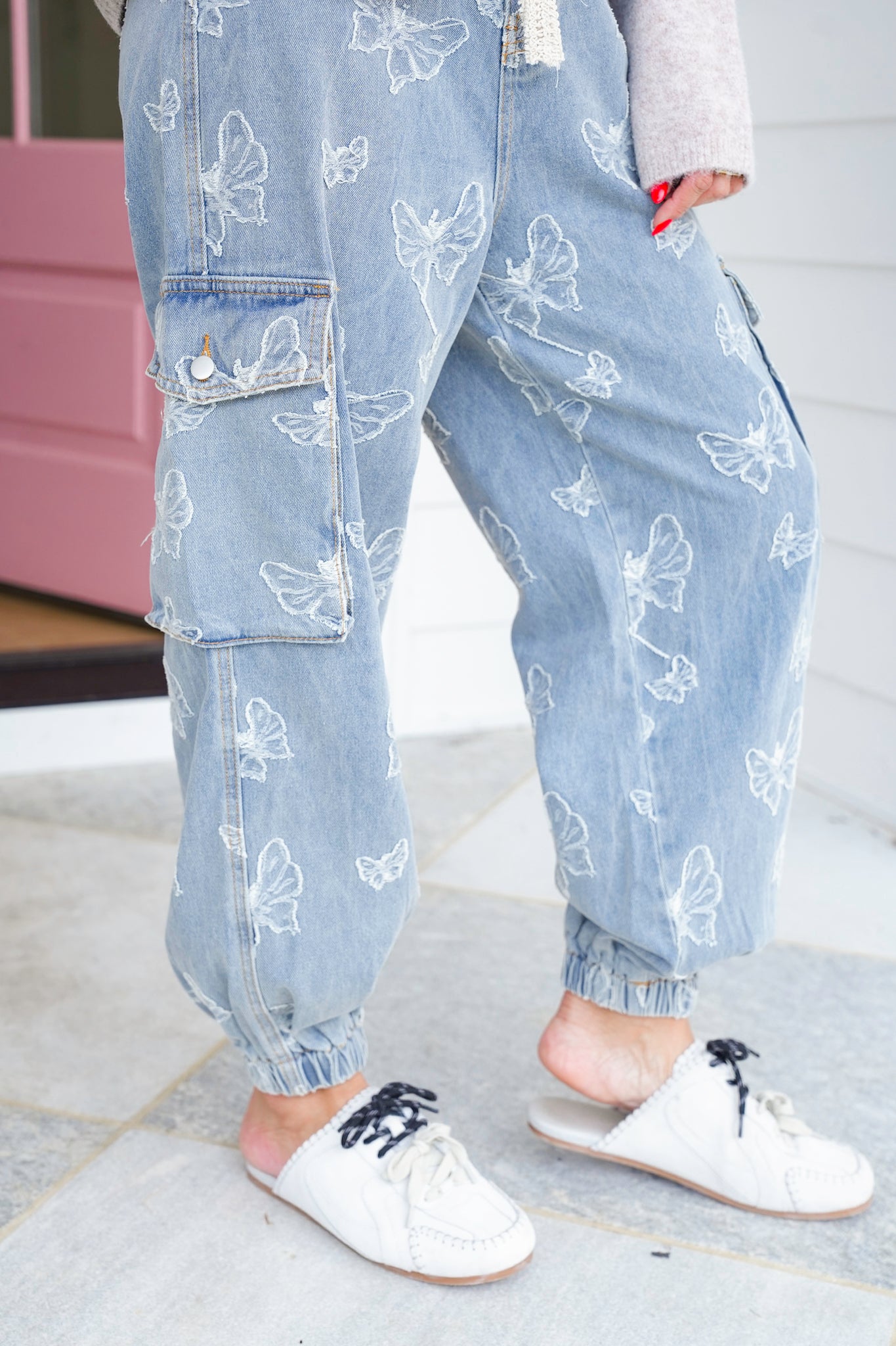 POL Denim Butterfly Print Jogger Pants