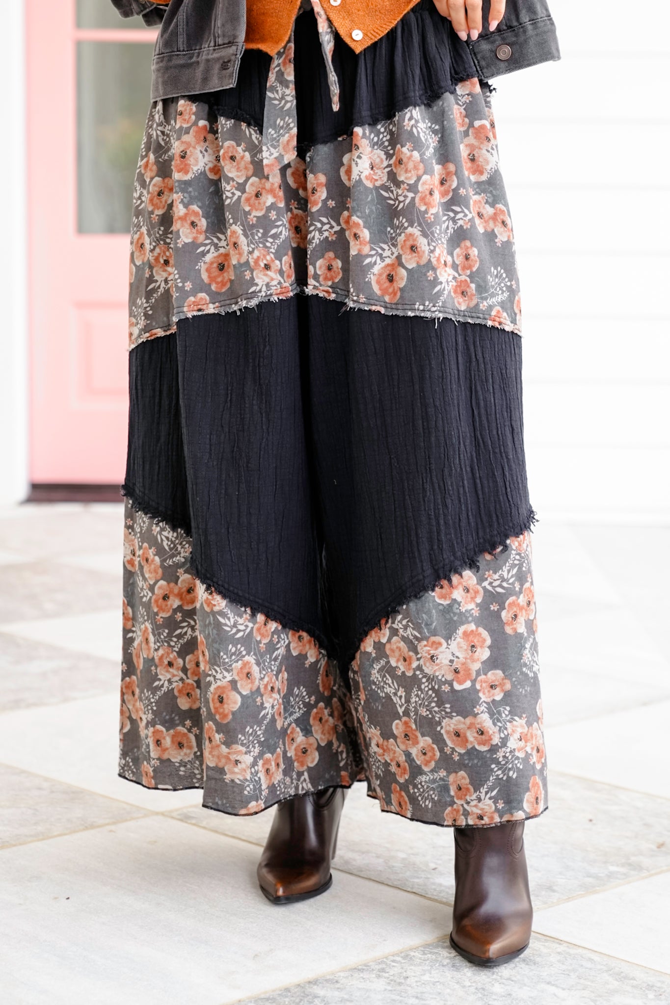 POL Black Elastic Waist Wide Leg Pants with Floral Print