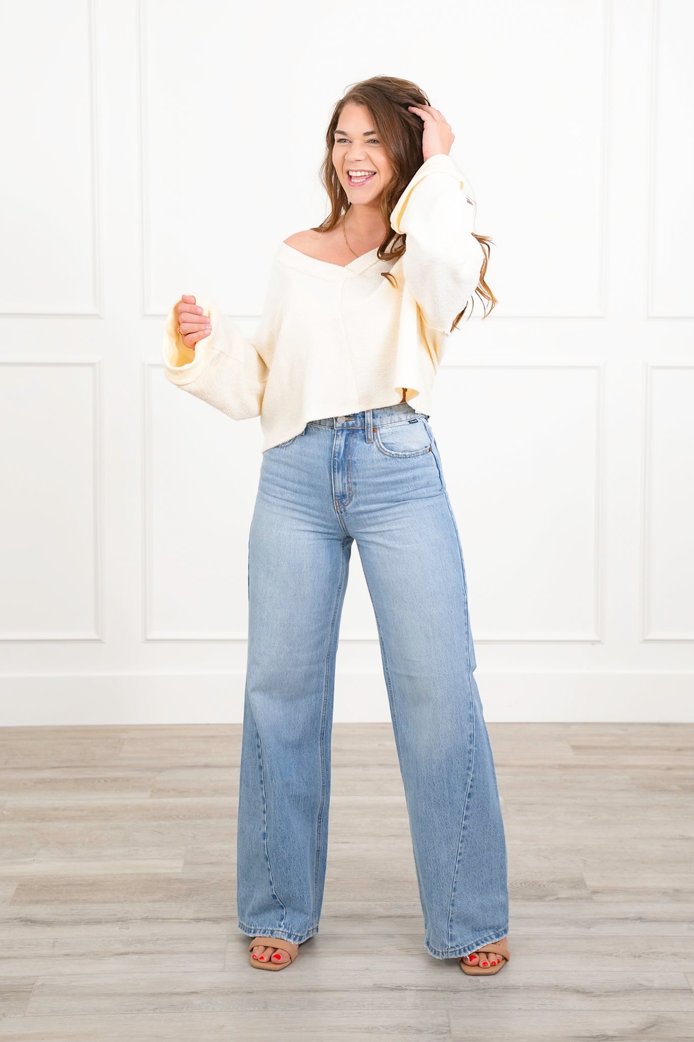 Long Sleeve V Neck Top with Cut Out Back Detail