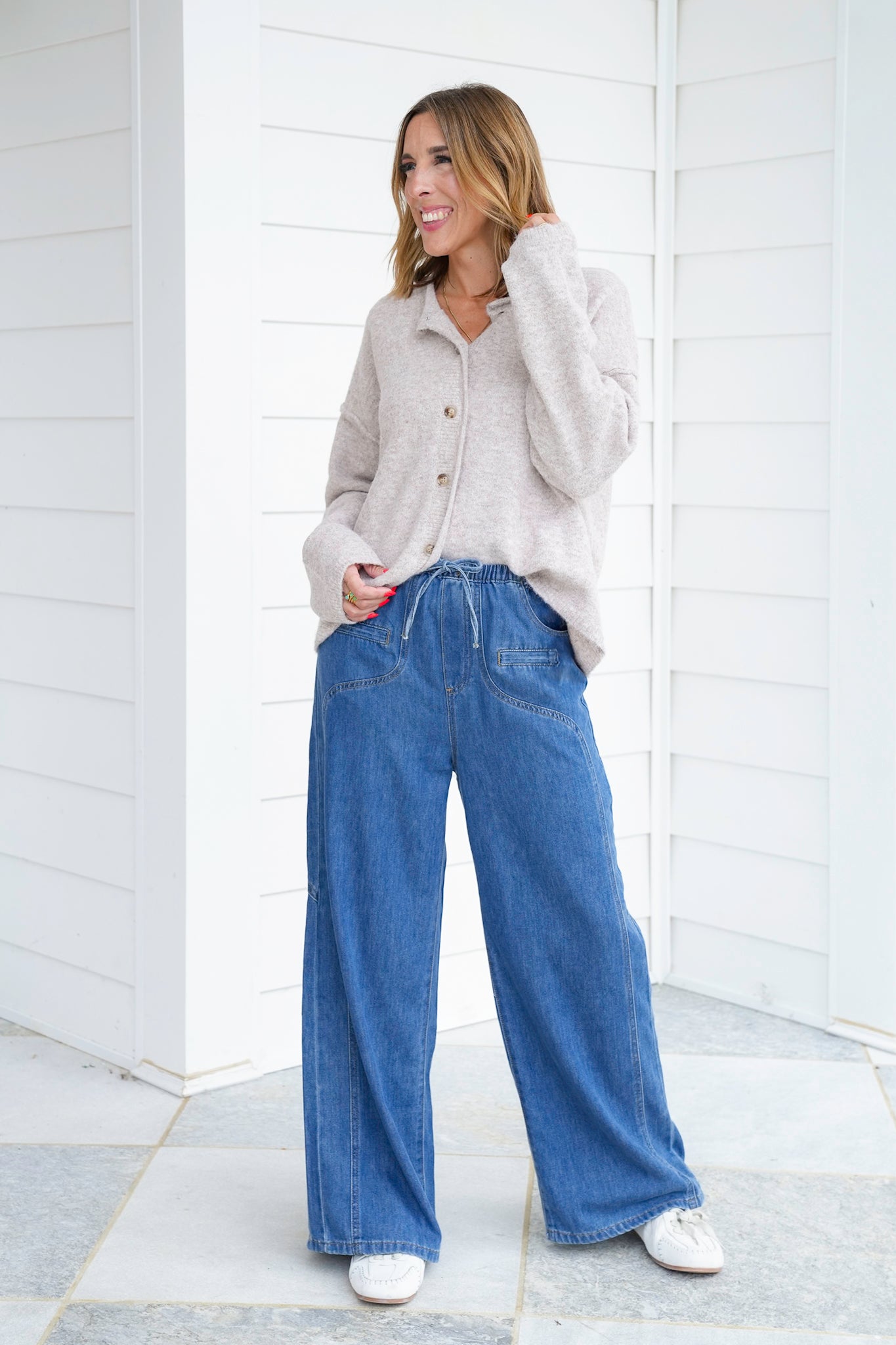 Washed Elastic Waist Wide Leg Denim Pants