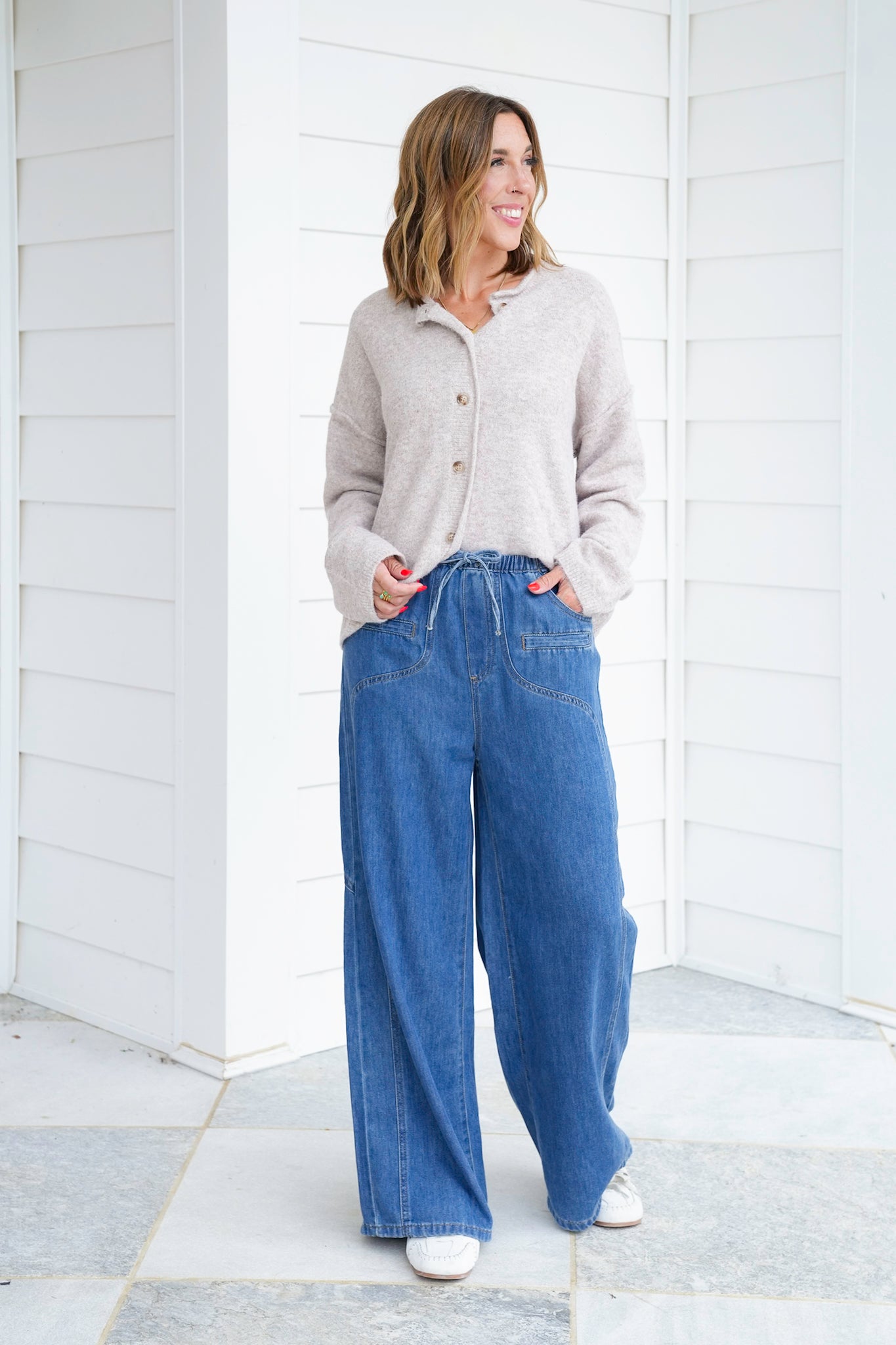Washed Elastic Waist Wide Leg Denim Pants