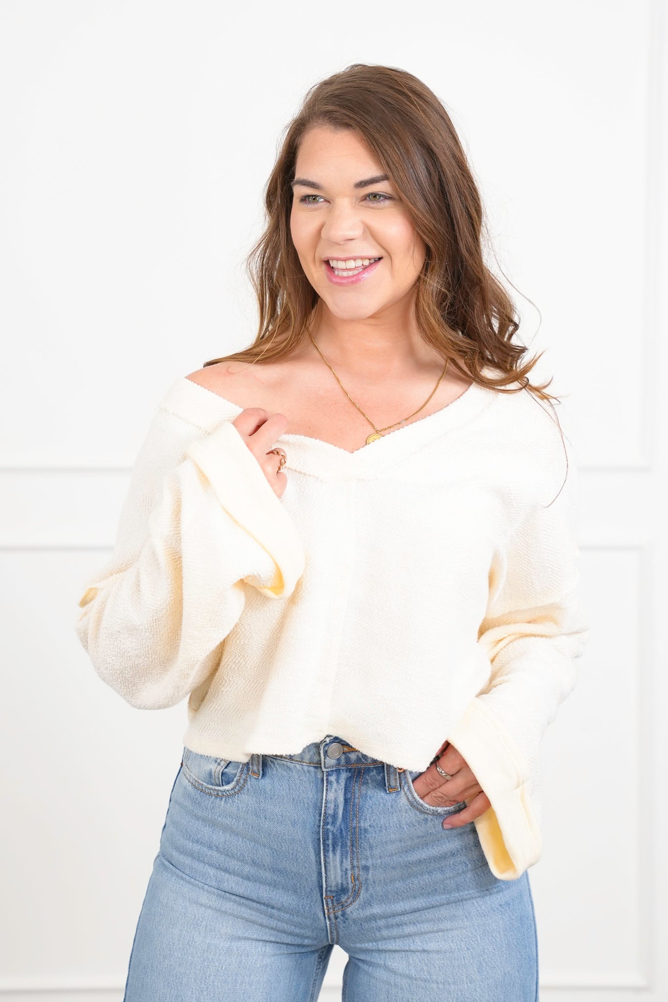 Long Sleeve V Neck Top with Cut Out Back Detail
