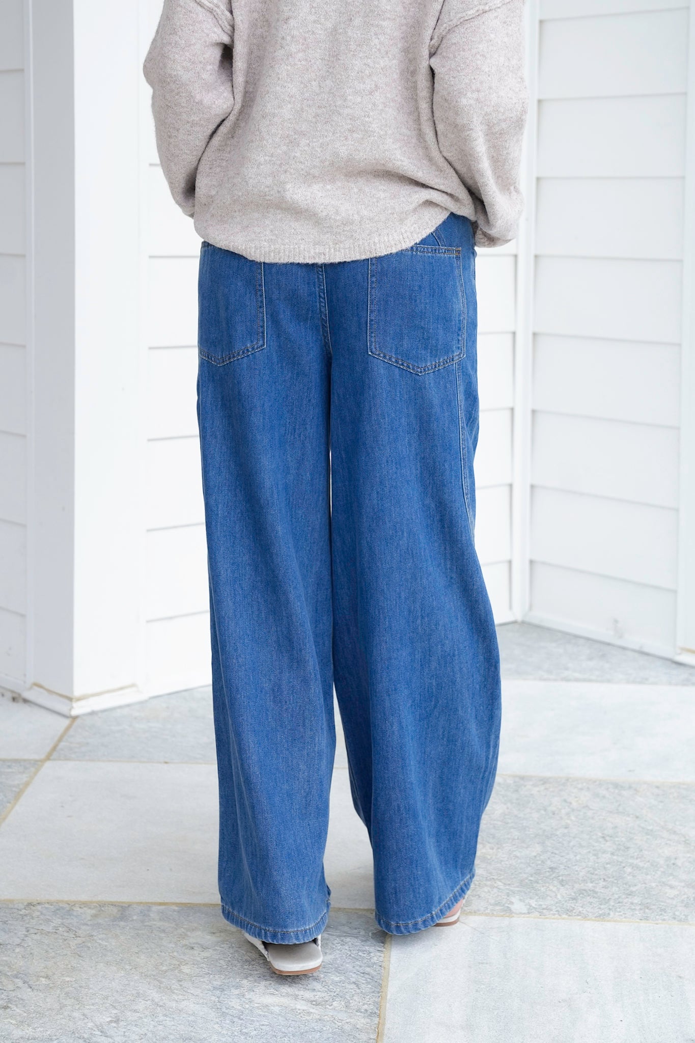 Washed Elastic Waist Wide Leg Denim Pants