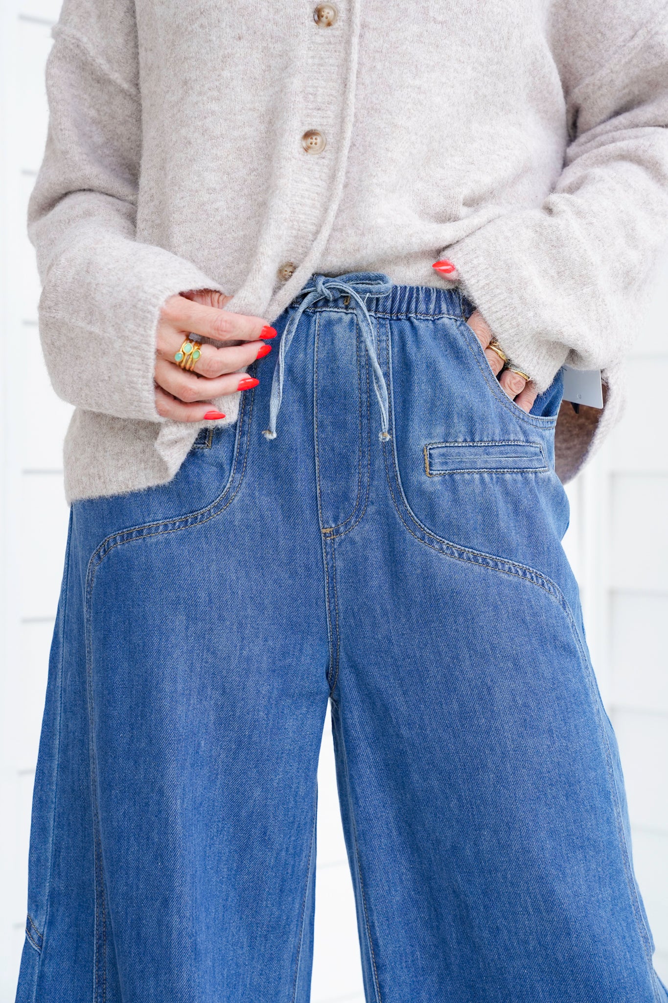 Washed Elastic Waist Wide Leg Denim Pants