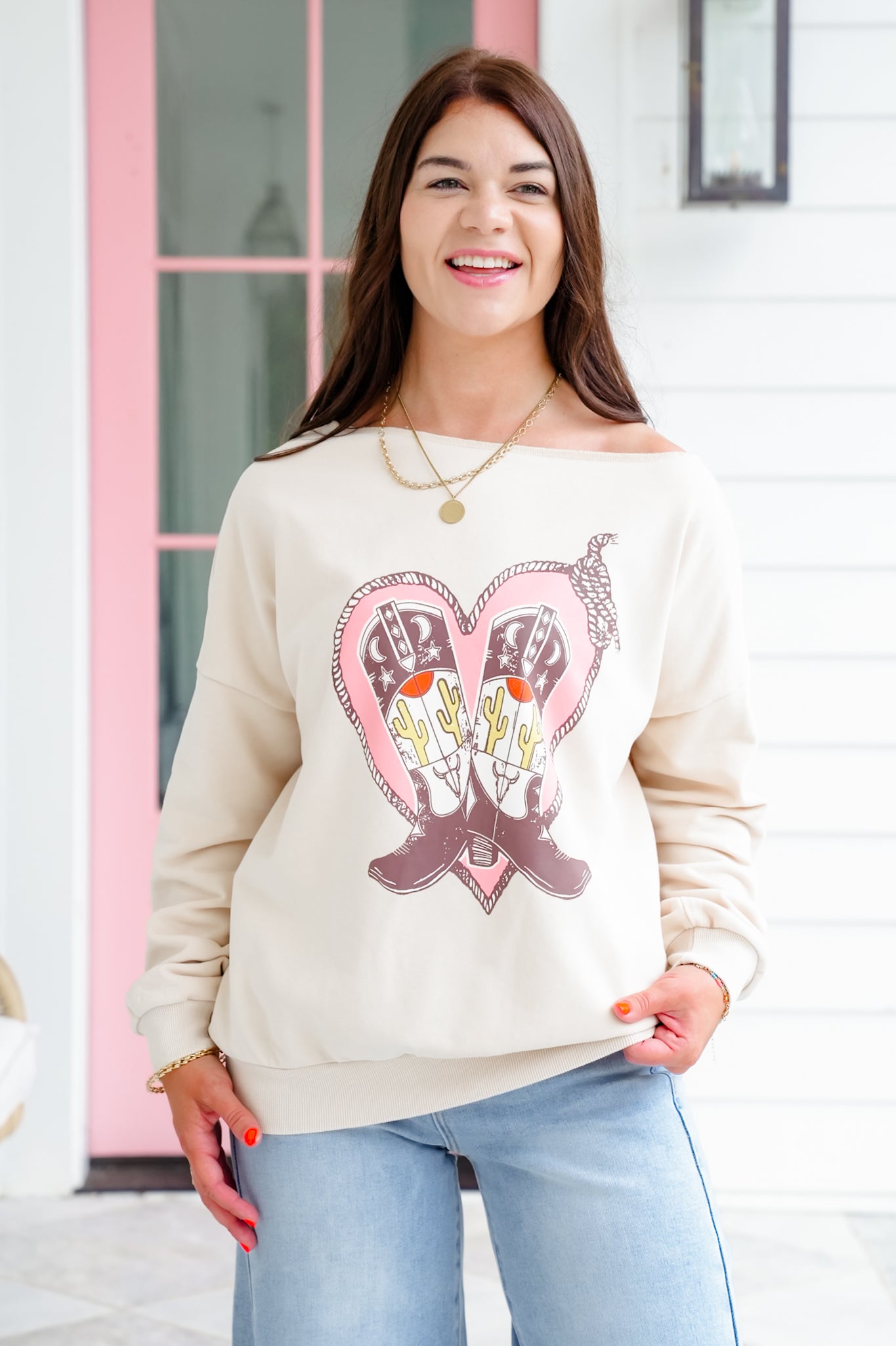 Cowboy Boot Print Long Sleeve French Terry Pullover Top