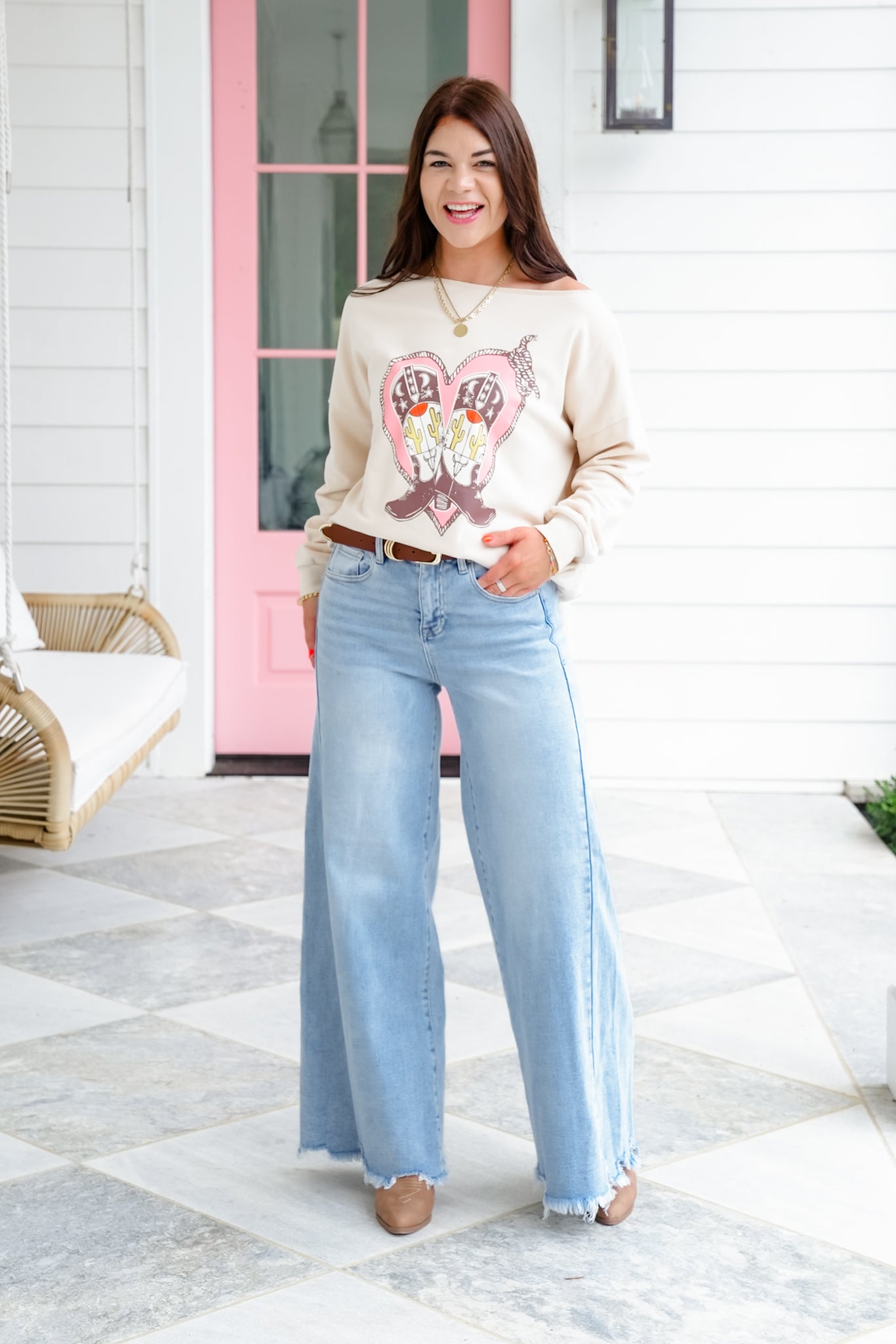 Cowboy Boot Print Long Sleeve French Terry Pullover Top