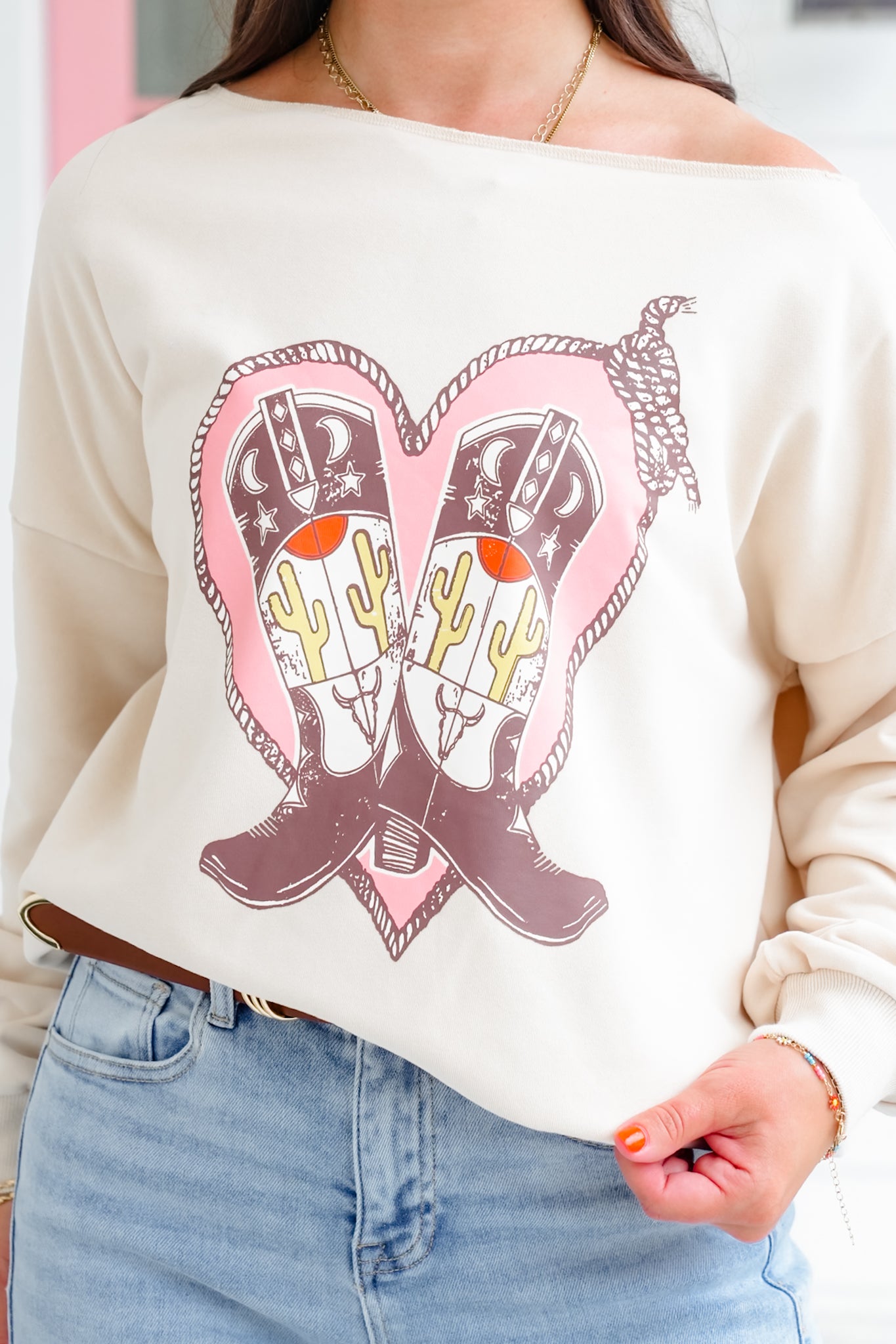 Cowboy Boot Print Long Sleeve French Terry Pullover Top