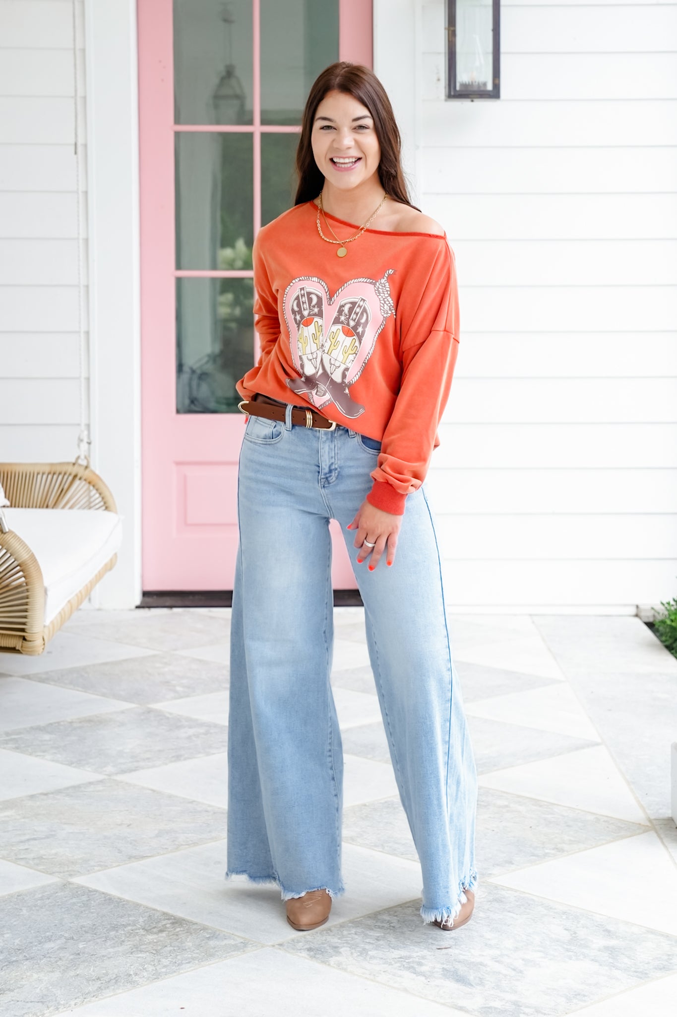 Cowboy Boot Print Long Sleeve French Terry Pullover Top