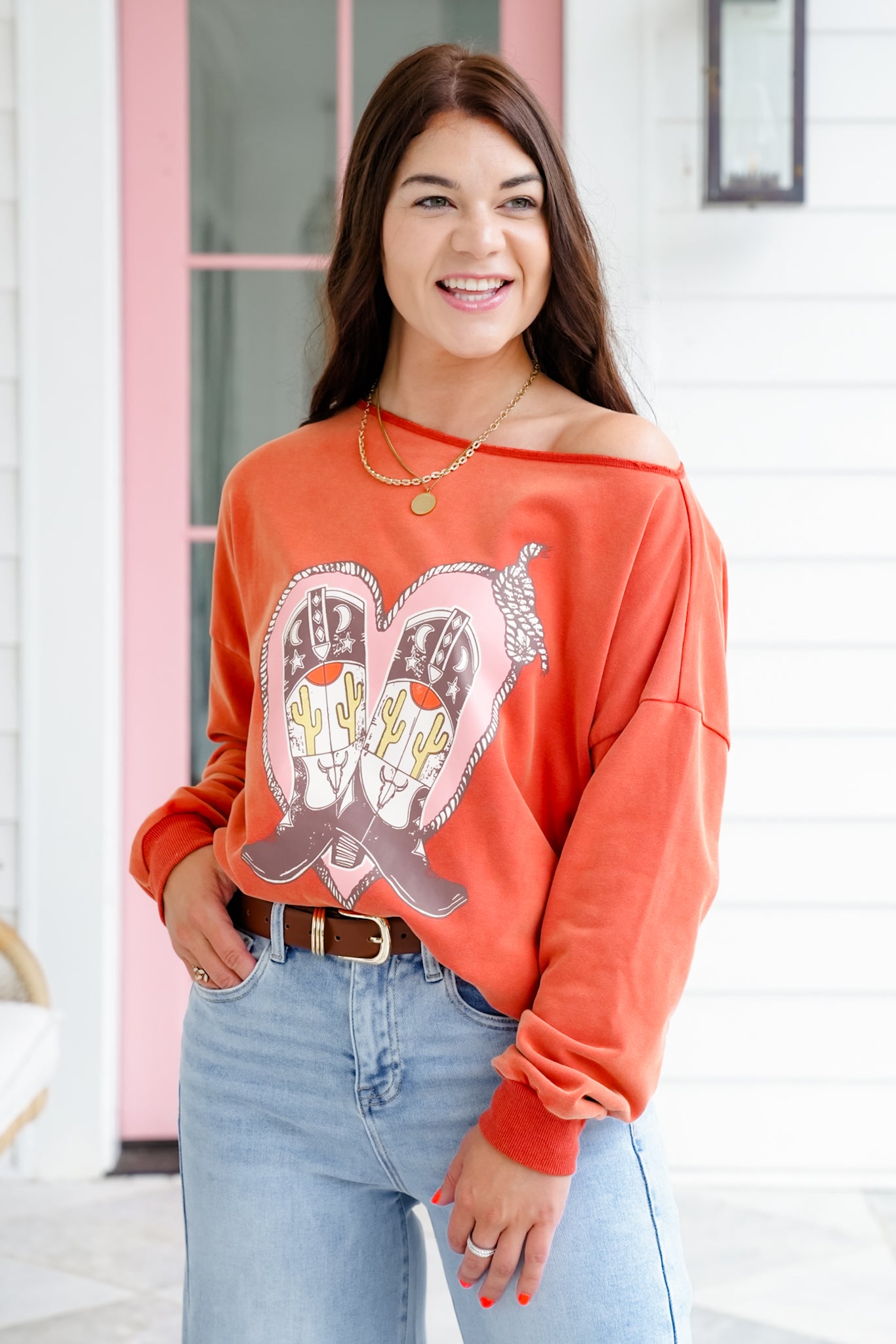 Cowboy Boot Print Long Sleeve French Terry Pullover Top