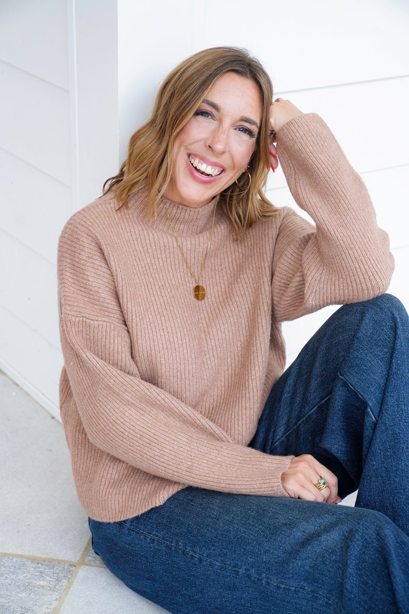 Ribbed Long Sleeve Mock Neck Knit Sweater