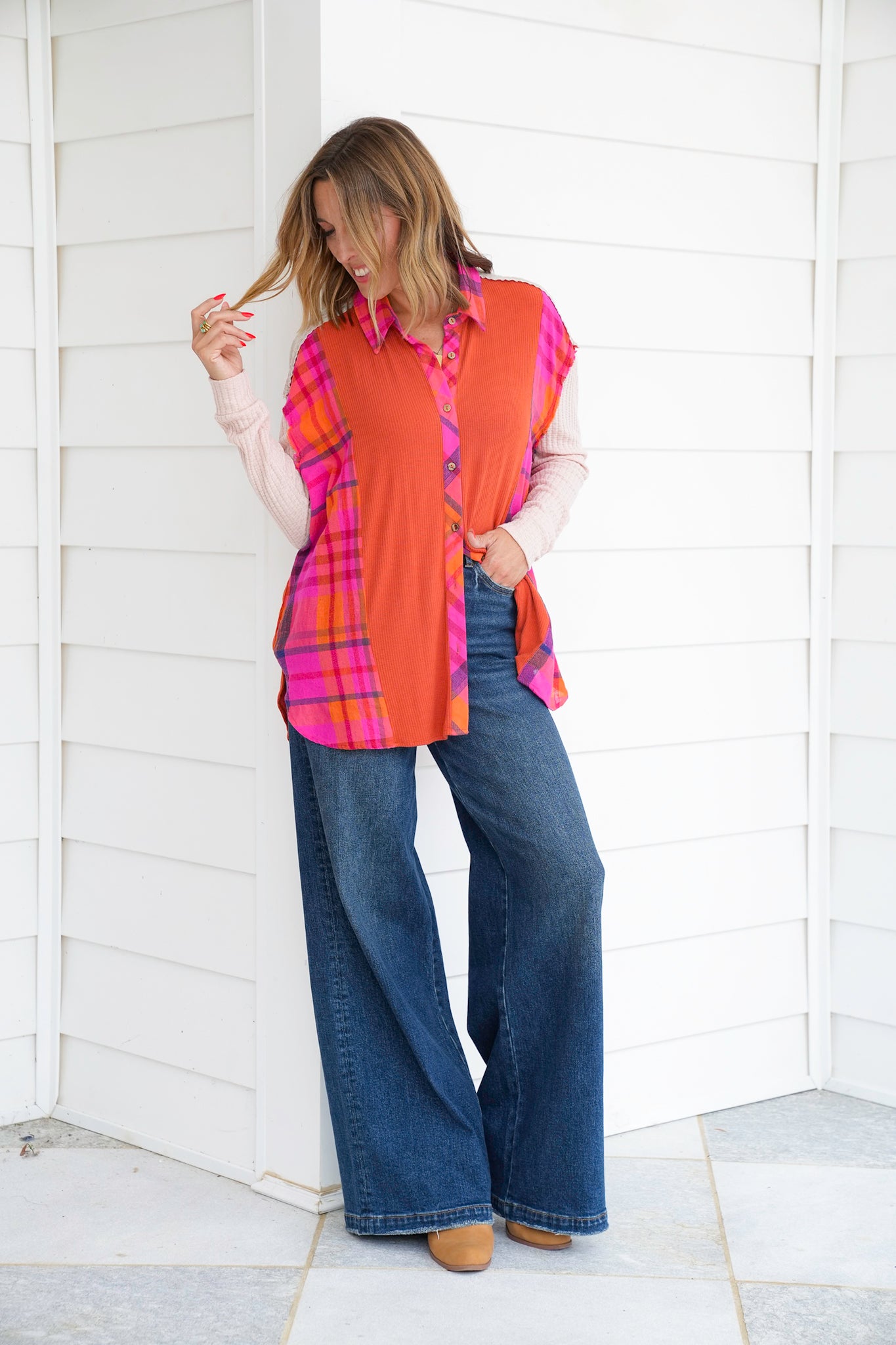 Thermal Long Sleeve Button Down Top with Plaid Detail