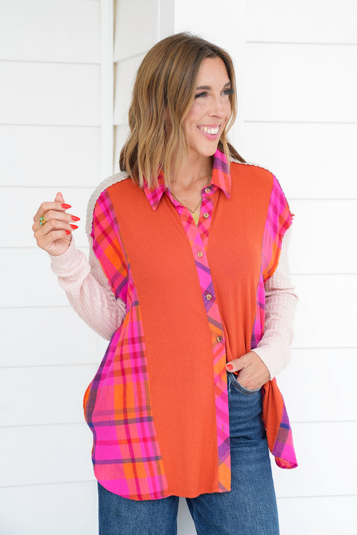Thermal Long Sleeve Button Down Top with Plaid Detail