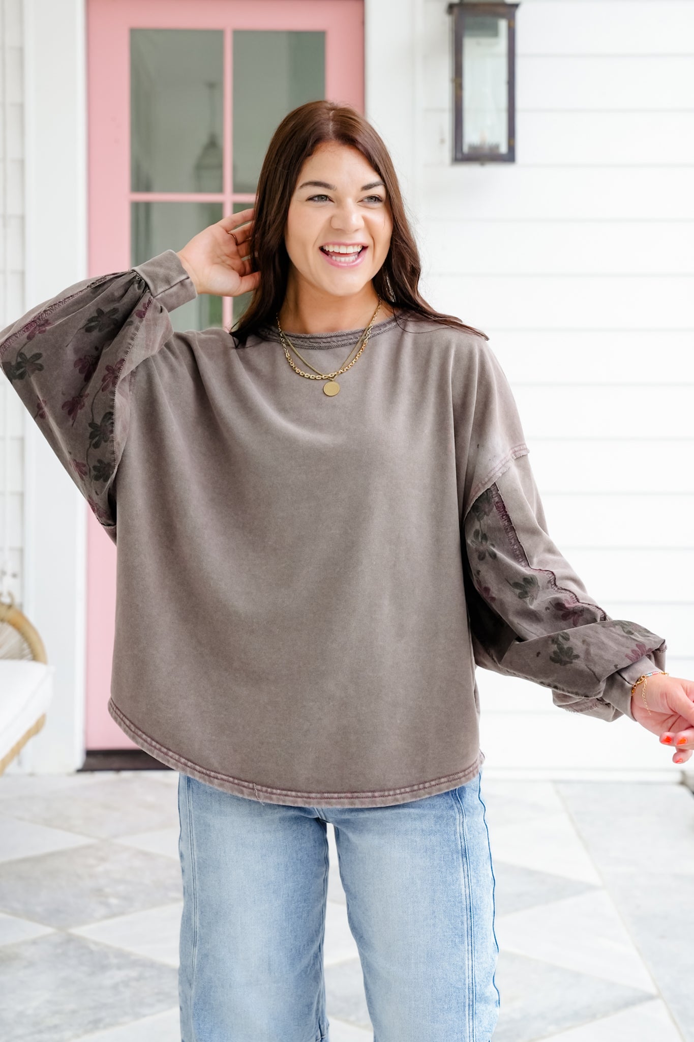 Long Sleeve Pullover Top with Floral Detail