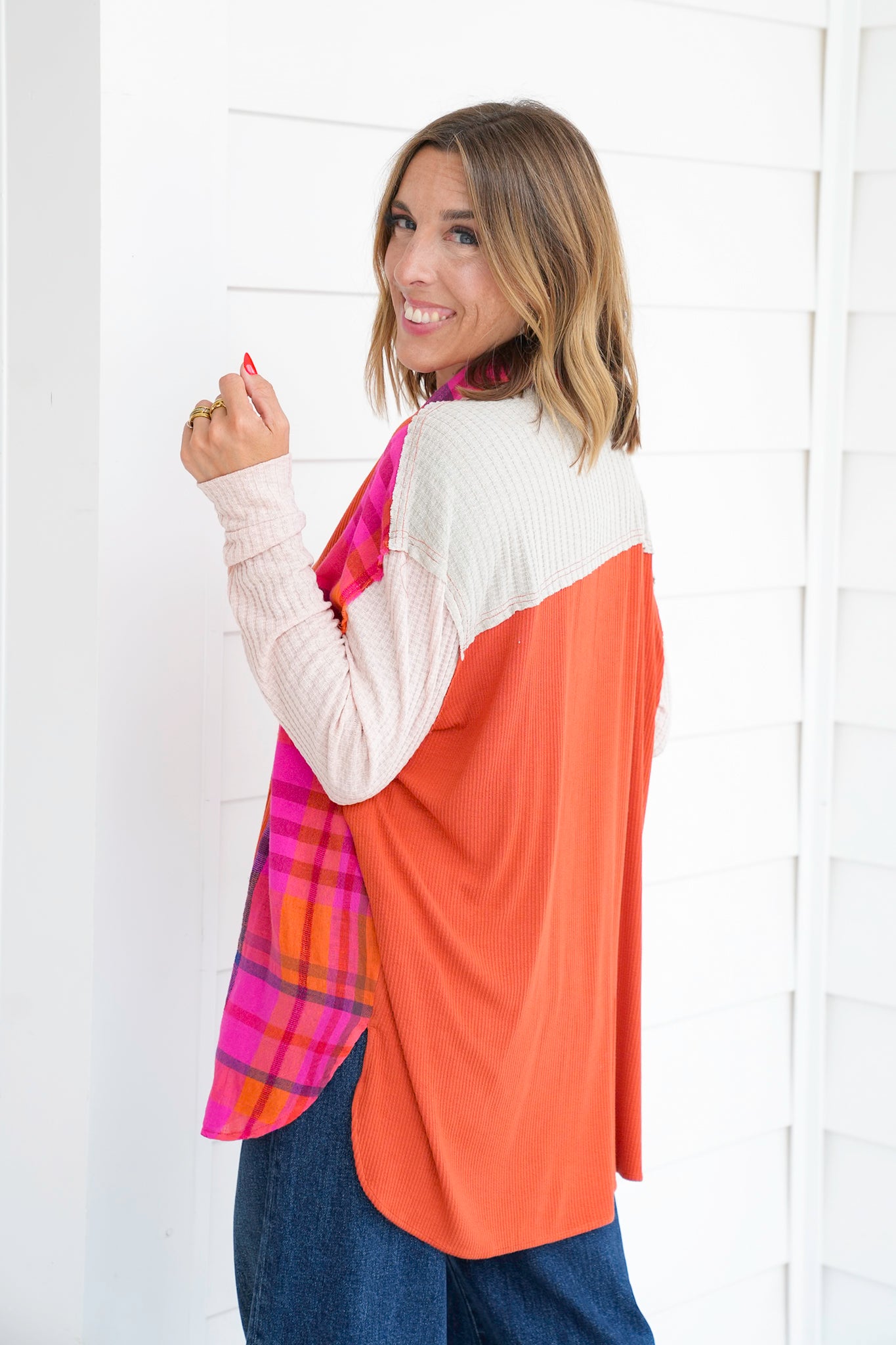 Thermal Long Sleeve Button Down Top with Plaid Detail