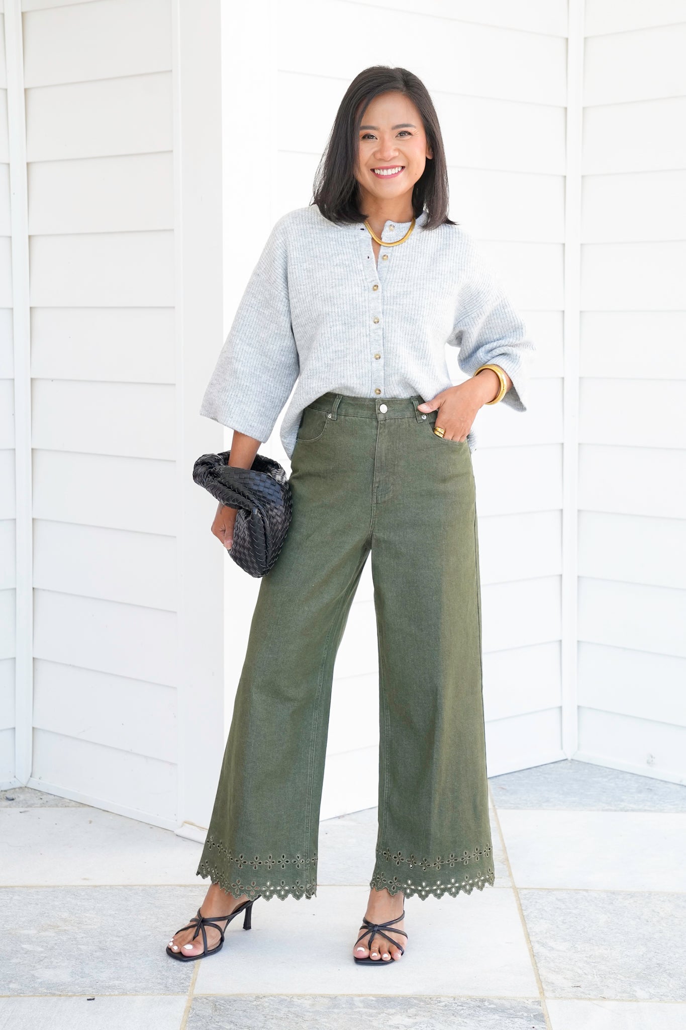 High Waist Ankle Pants with Floral Embroidery Hem Detail