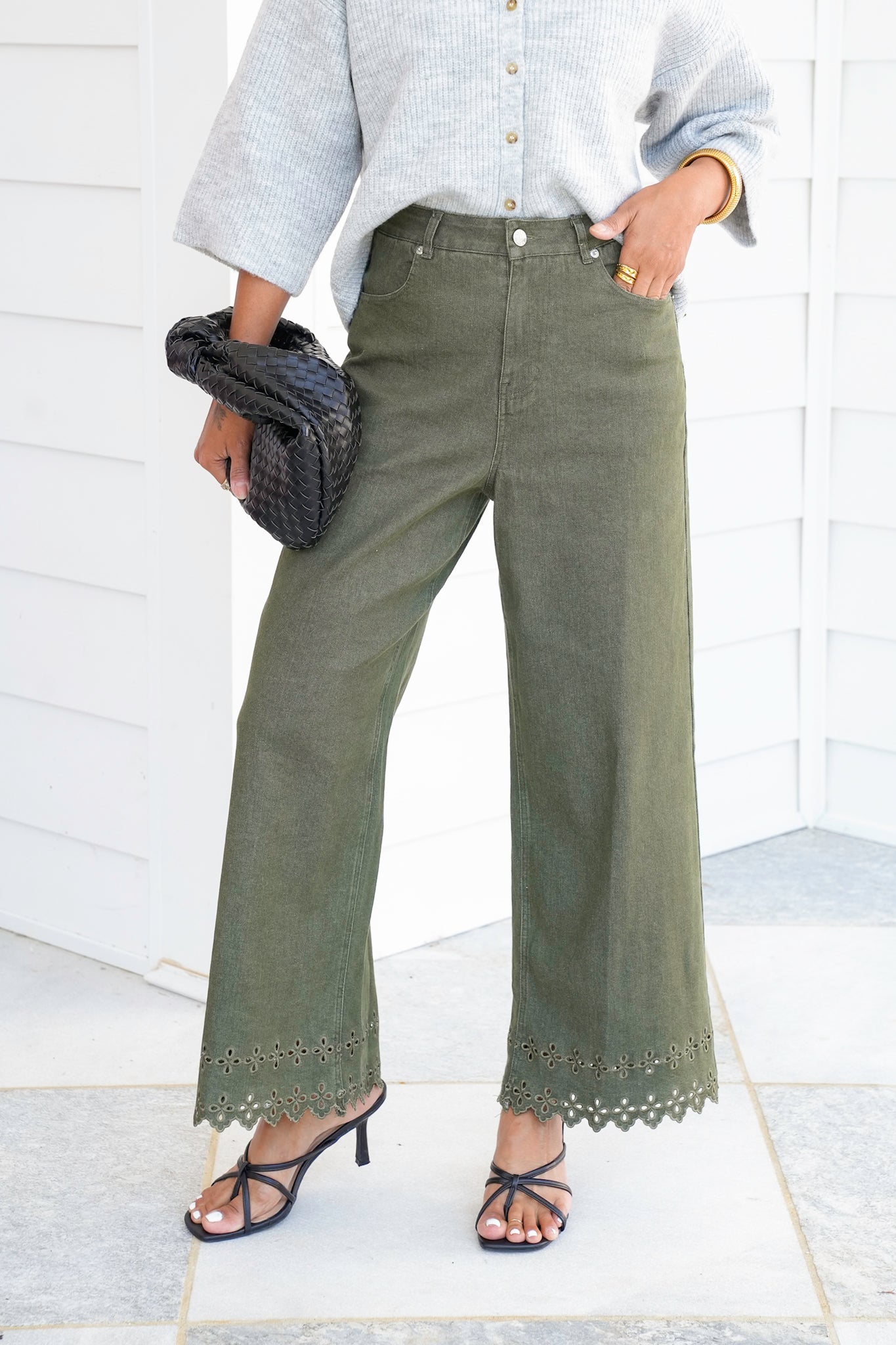 High Waist Ankle Pants with Floral Embroidery Hem Detail