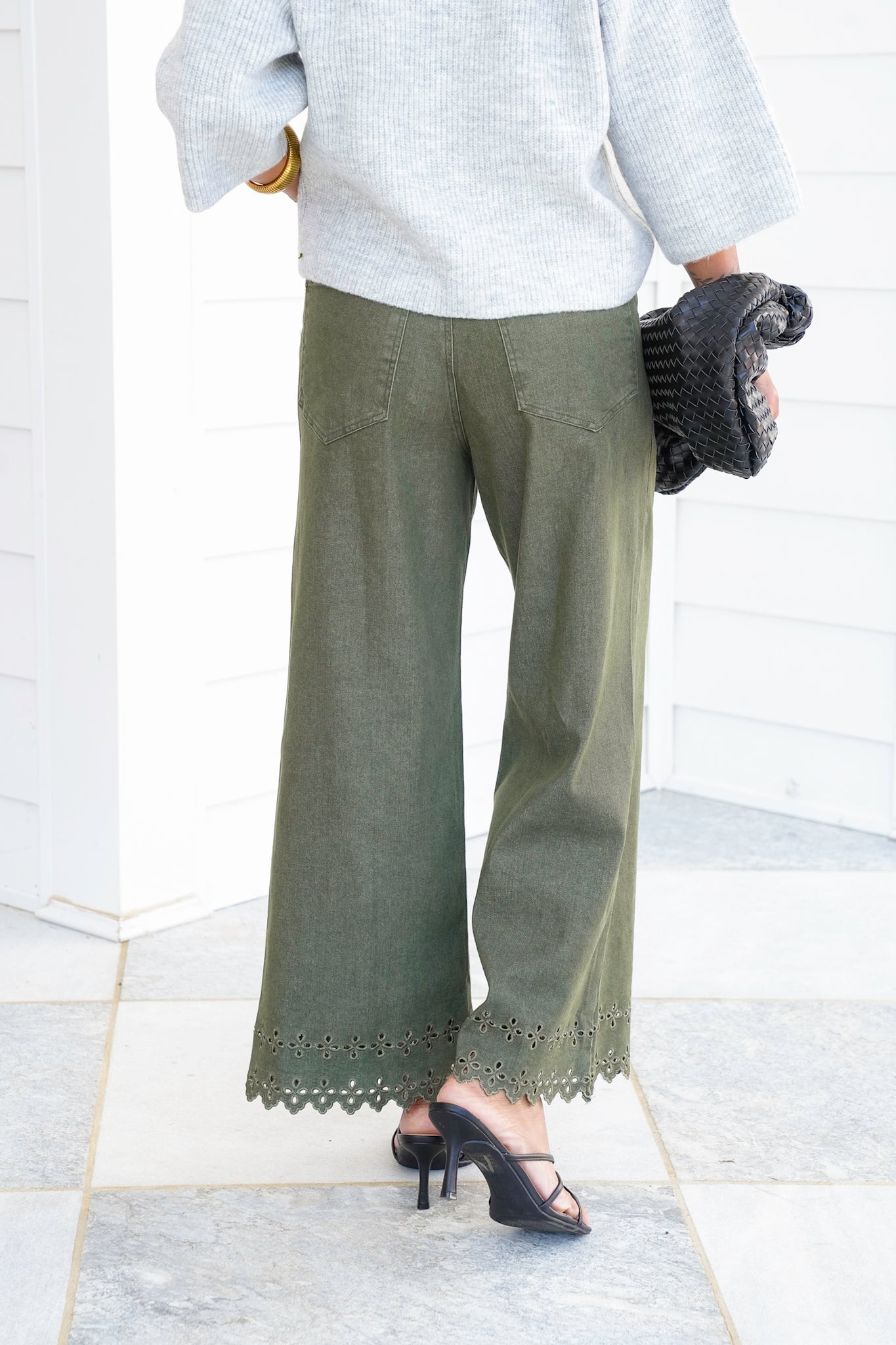 High Waist Ankle Pants with Floral Embroidery Hem Detail