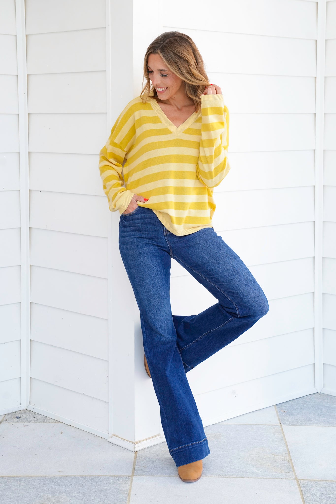 Striped Long V Neck Sleeve Lightweight Sweater