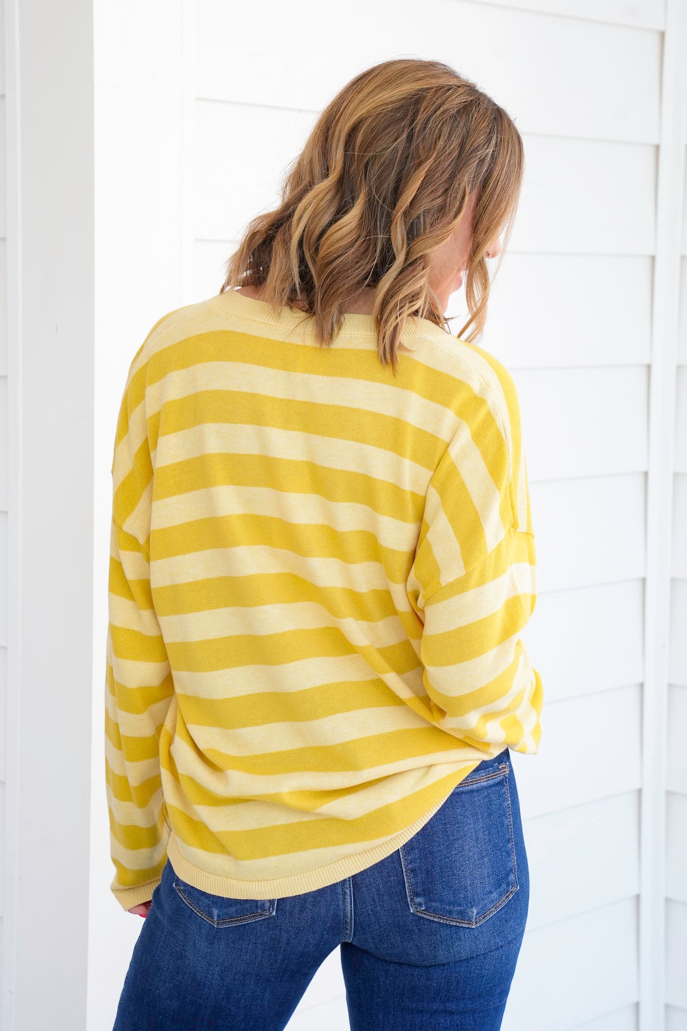 Striped Long V Neck Sleeve Lightweight Sweater