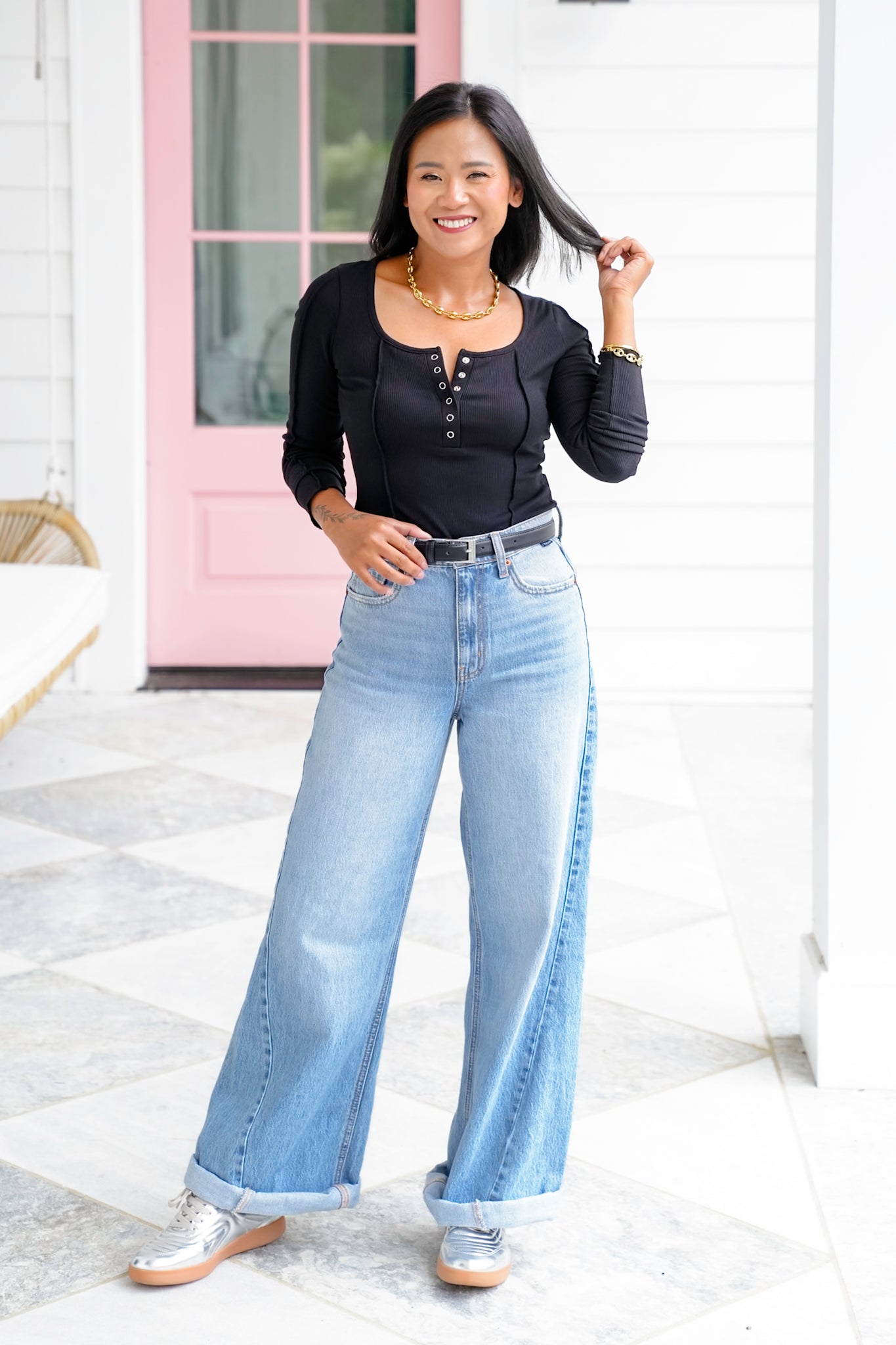 Ribbed Knit Long Sleeve Button Up Top with Reverse Seam Detail