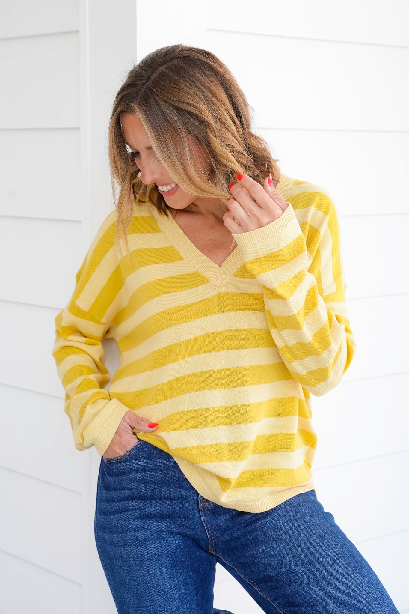 Striped Long V Neck Sleeve Lightweight Sweater