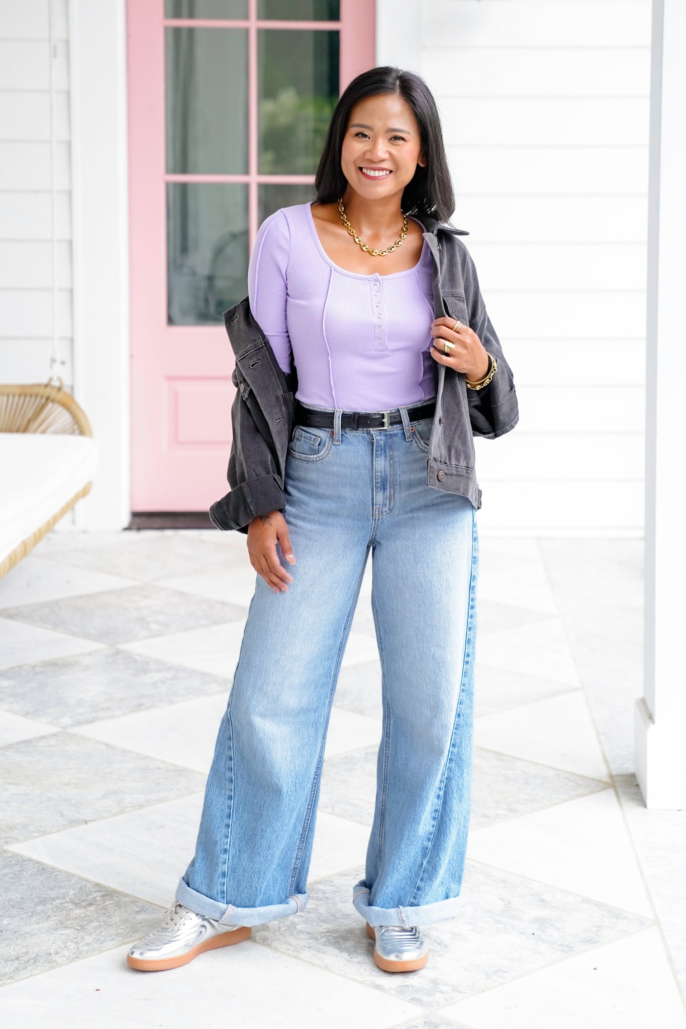 Ribbed Knit Long Sleeve Button Up Top with Reverse Seam Detail