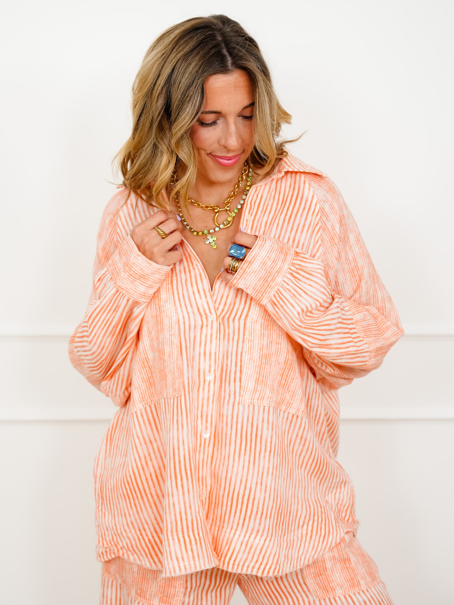 POL Stripe Long Sleeve Button Up Top