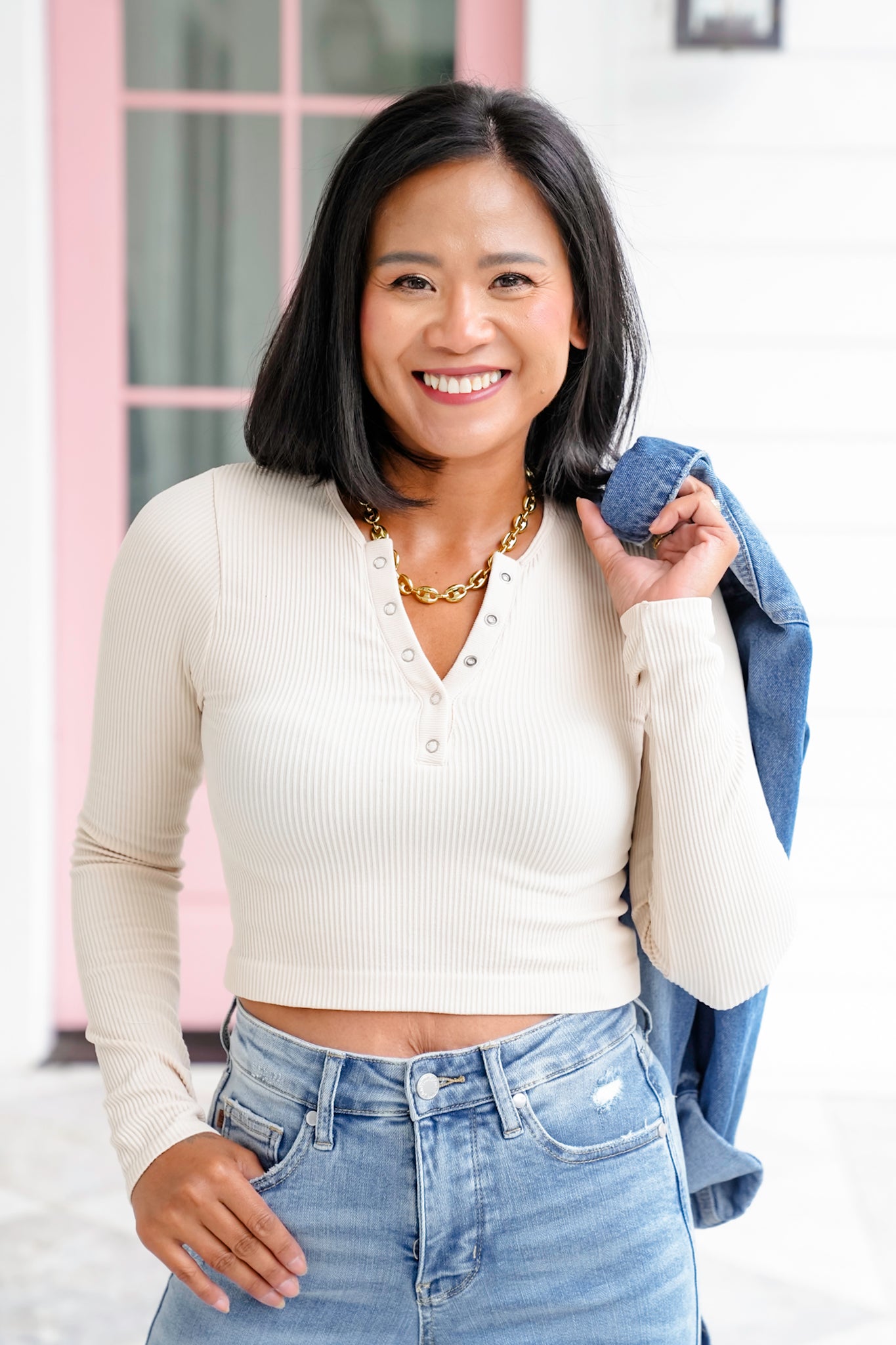 Ribbed Long Sleeve Button Up Cropped Top