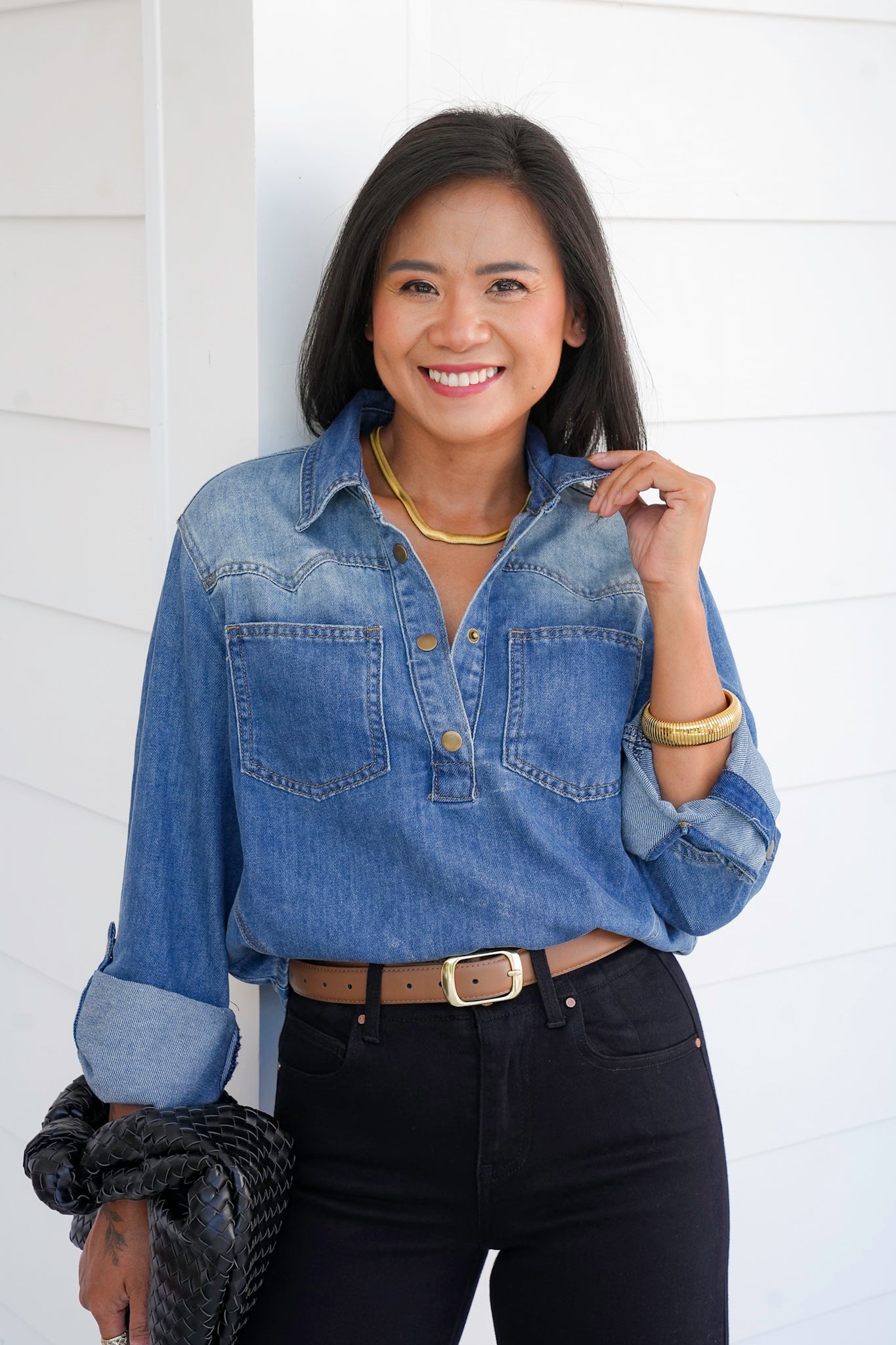 Washed Long Sleeve Button Up Top