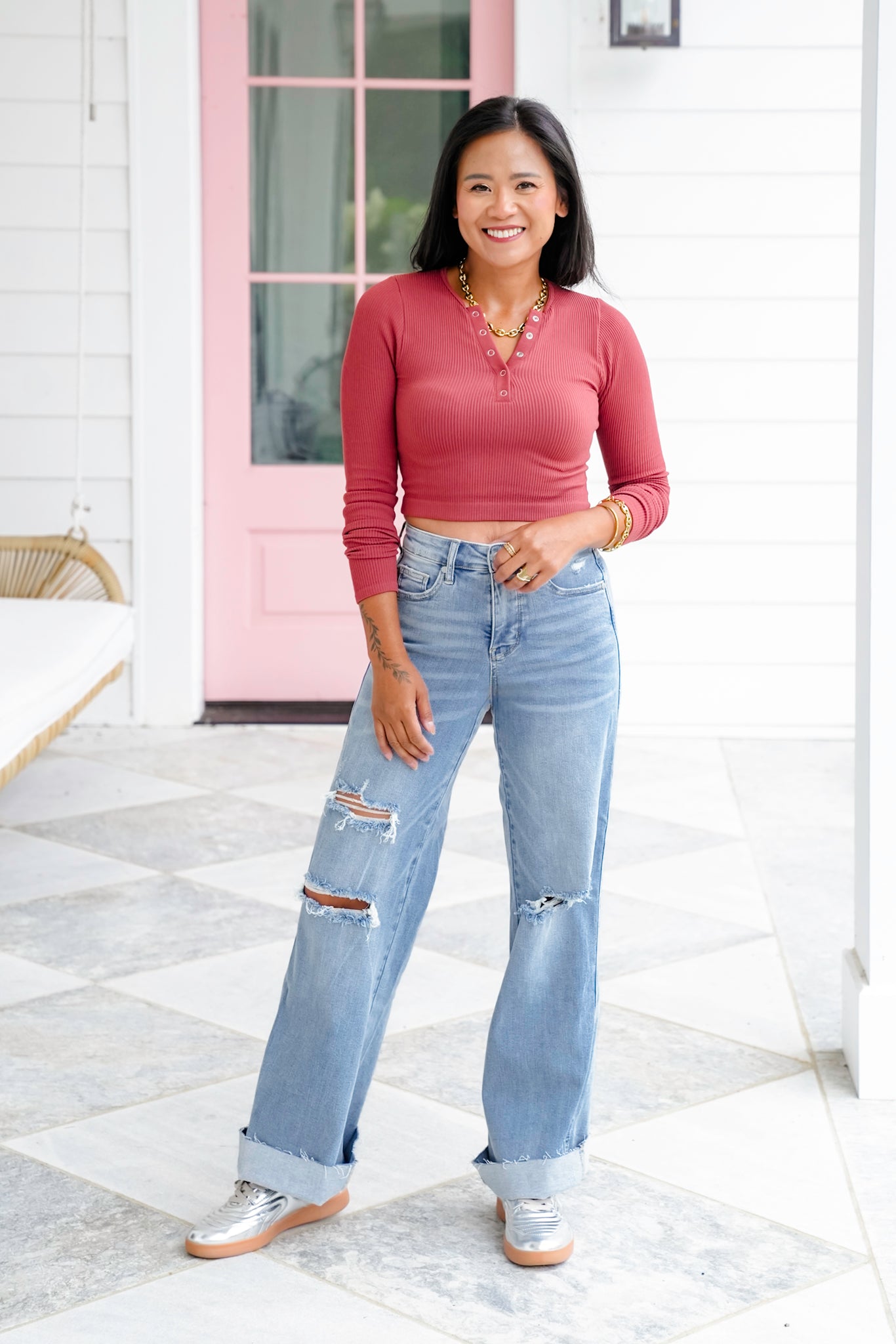 Ribbed Long Sleeve Button Up Cropped Top