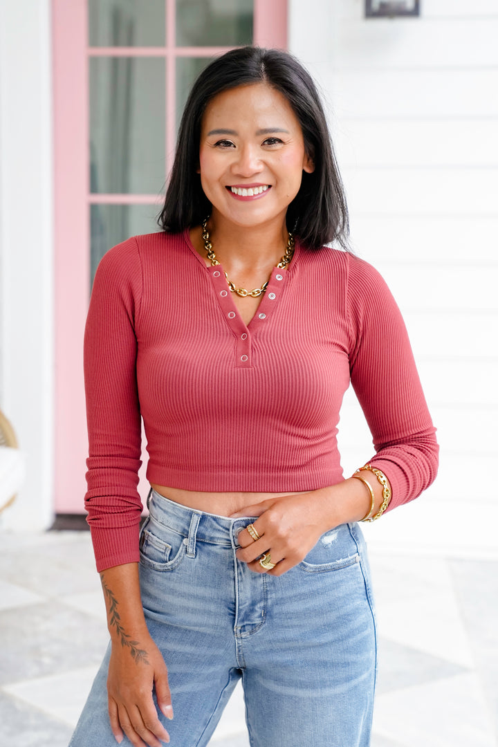 Ribbed Long Sleeve Button Up Cropped Top