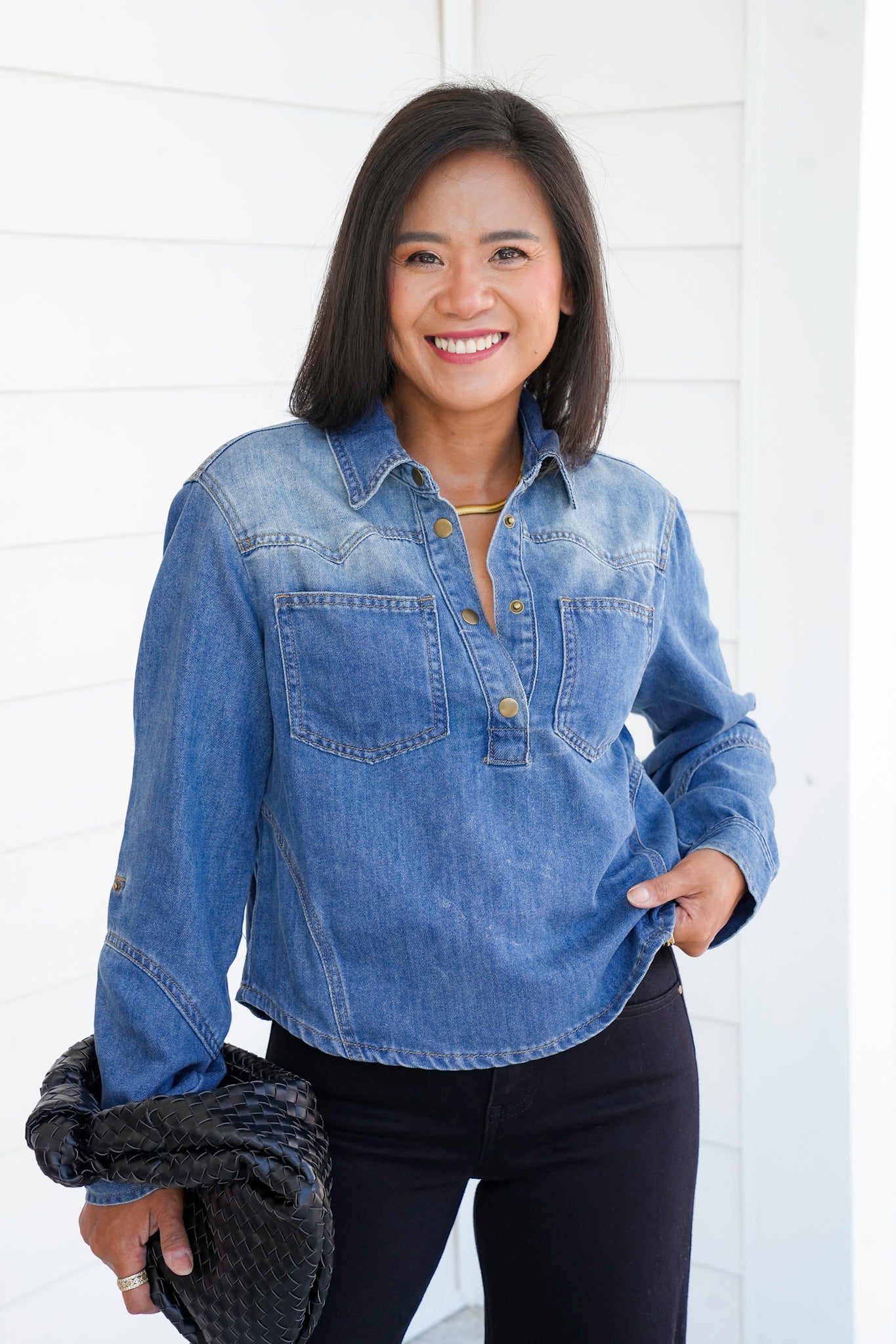 Washed Long Sleeve Button Up Top