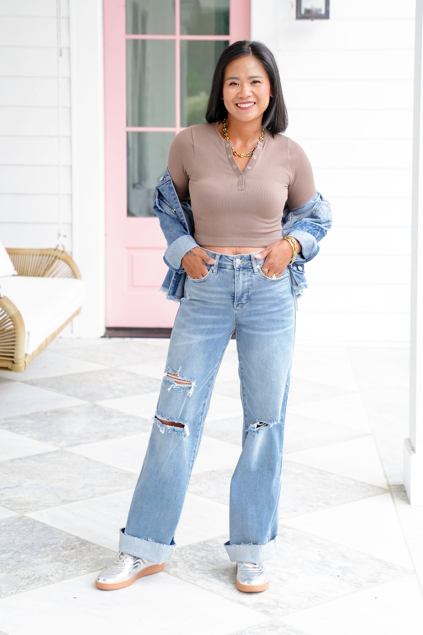 Ribbed Long Sleeve Button Up Cropped Top