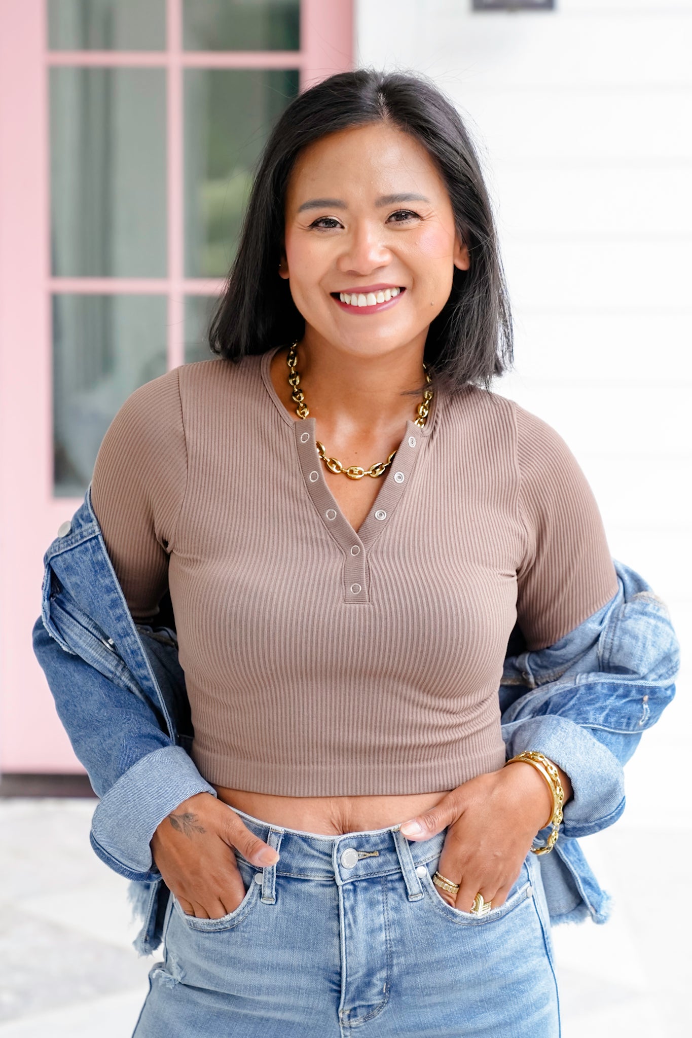 Ribbed Long Sleeve Button Up Cropped Top