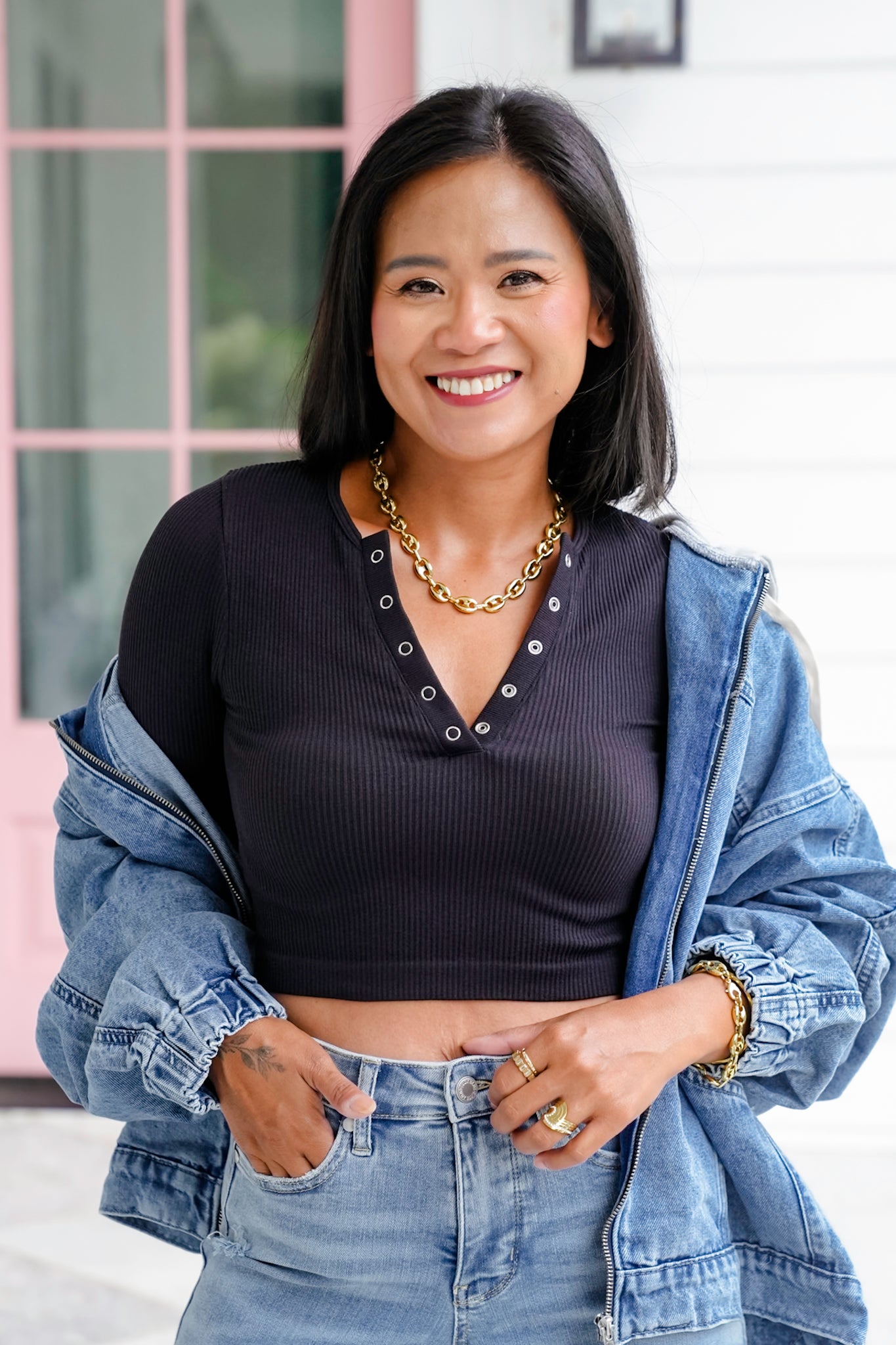Ribbed Long Sleeve Button Up Cropped Top