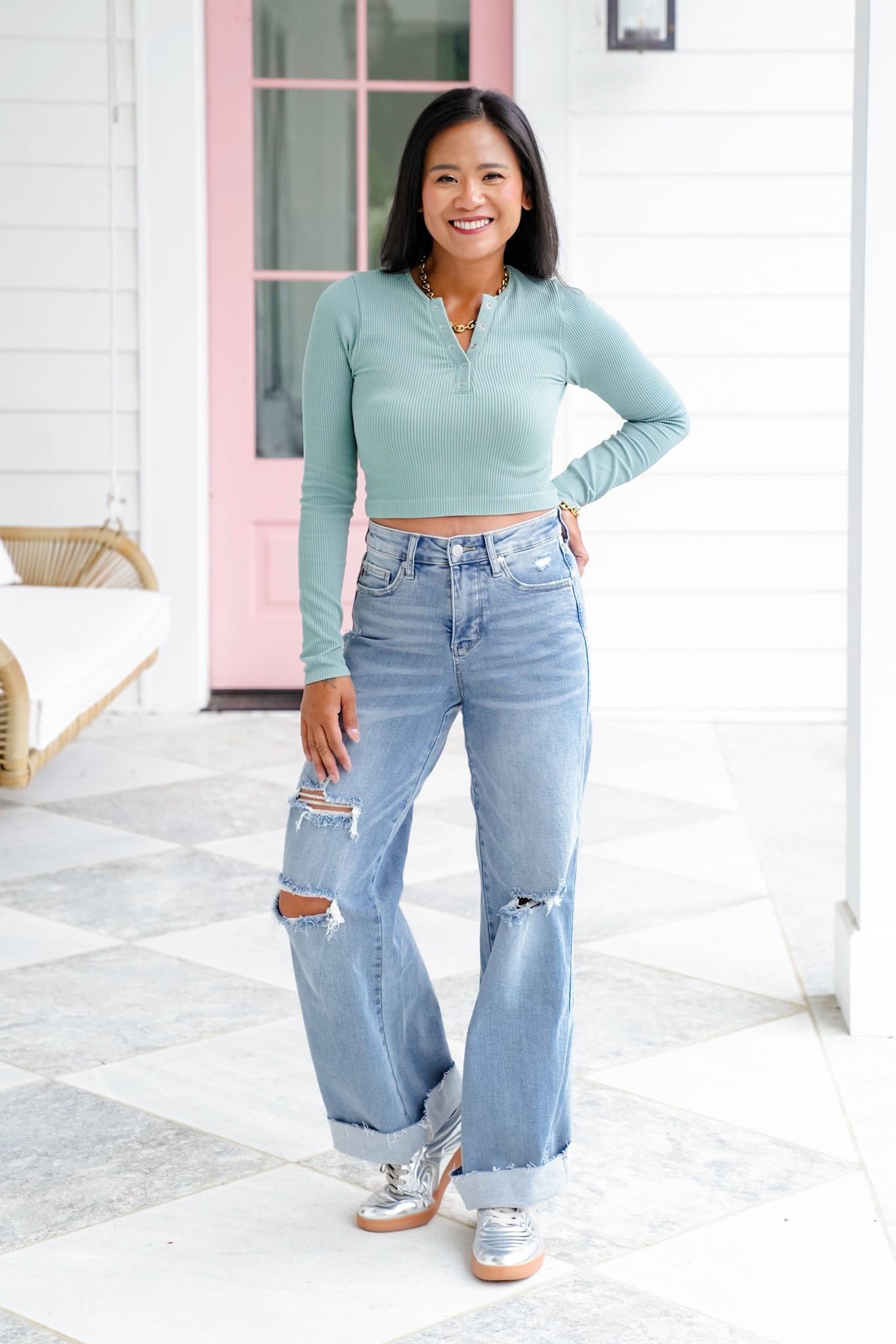 Ribbed Long Sleeve Button Up Cropped Top