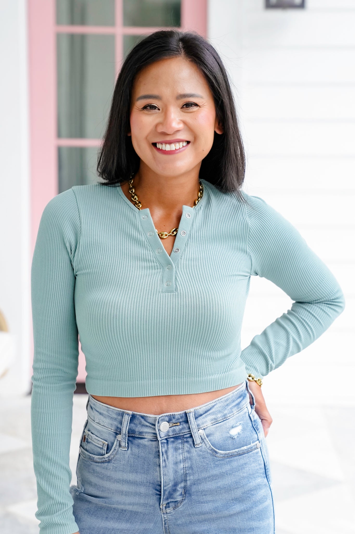 Ribbed Long Sleeve Button Up Cropped Top
