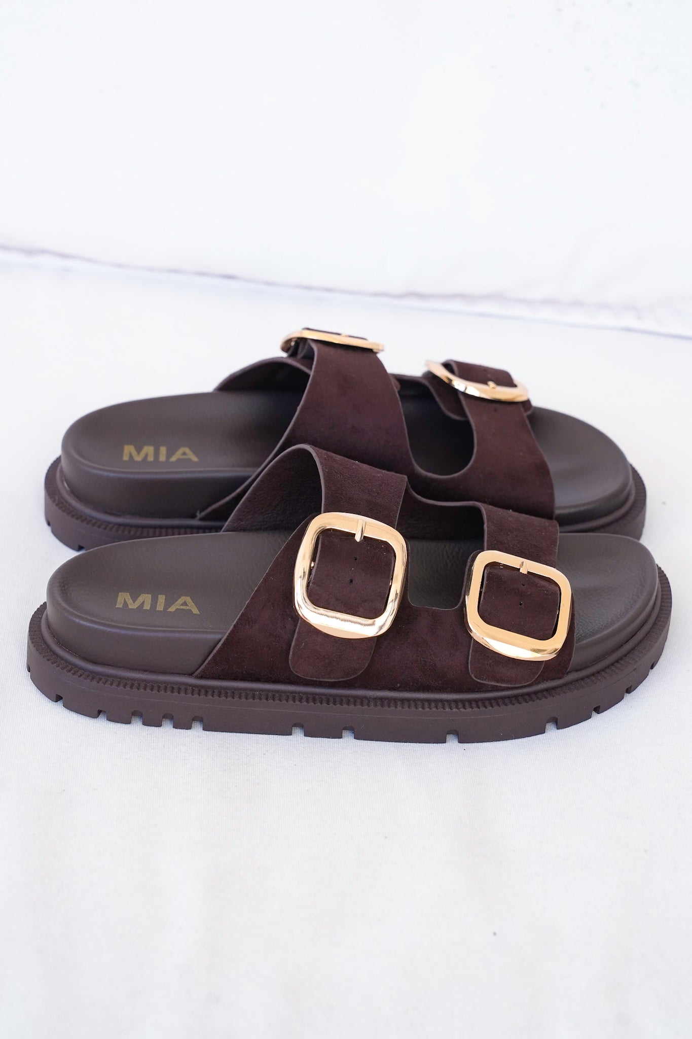 MIA Double Buckle Platform Slide Sandals with Gold Accents