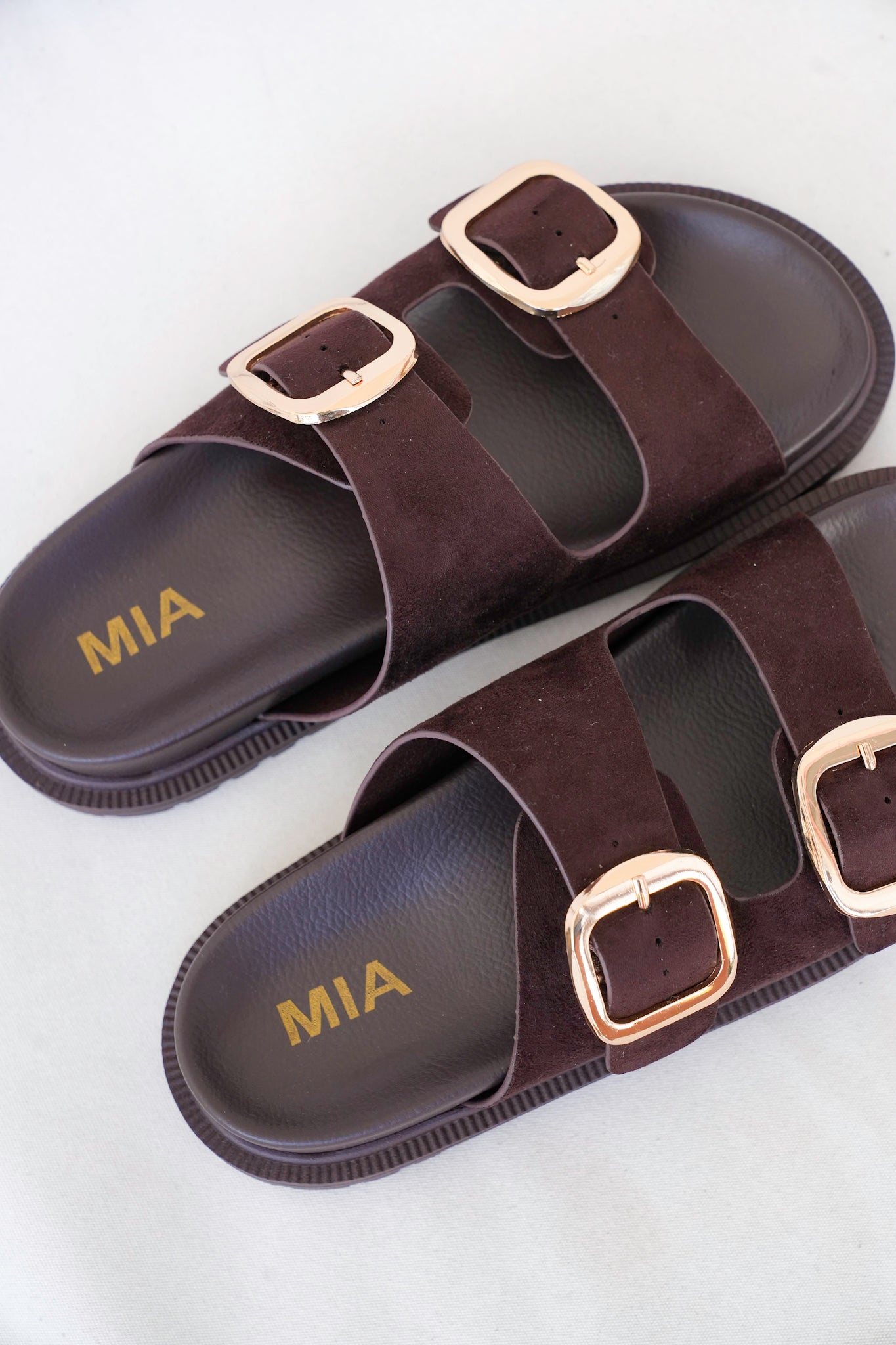 MIA Double Buckle Platform Slide Sandals with Gold Accents