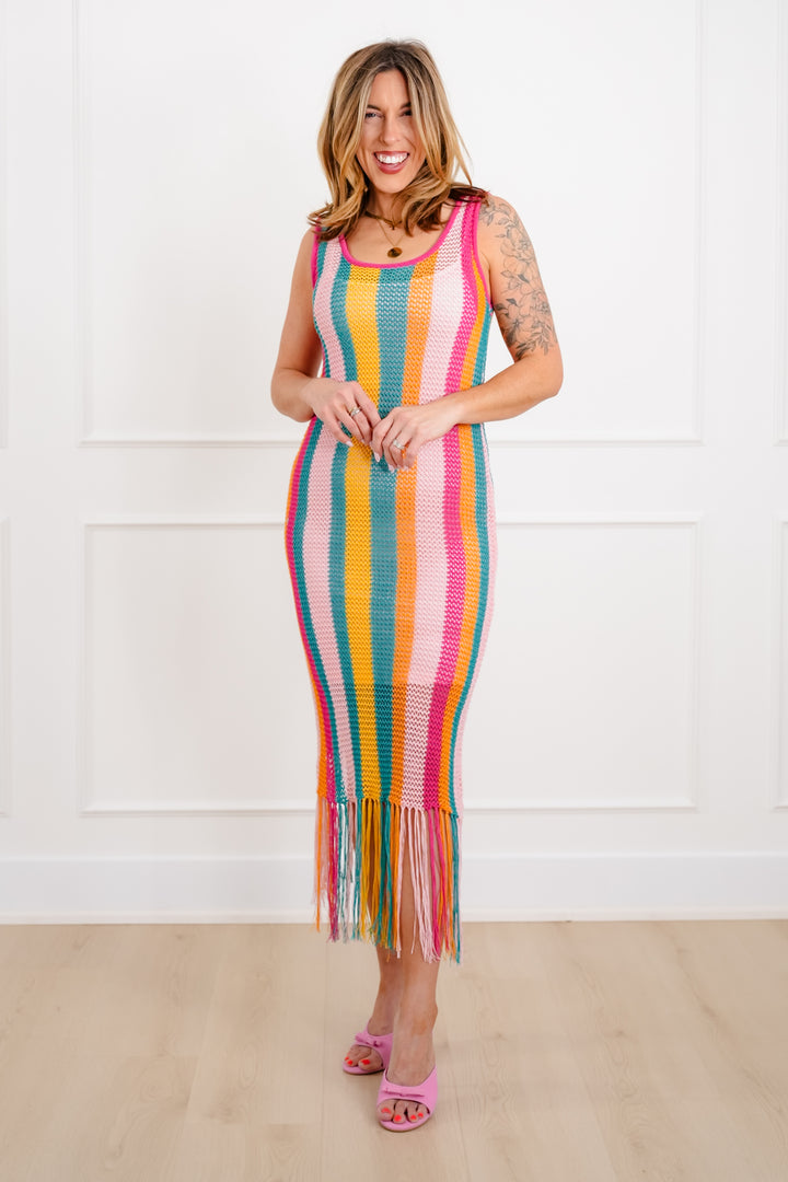 Crochet Stripe Sleeveless Cami Knit Dress with Fringe Hem