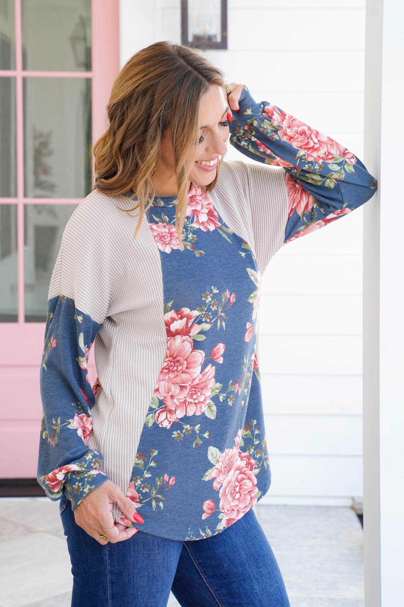 Plus/Reg Urban Ribbed Long Sleeve Top with Floral Detail