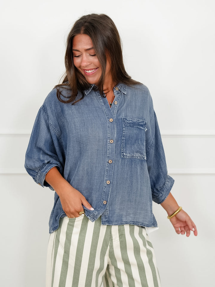 Dark Wash Chambray Dolman Sleeve Button Down Top