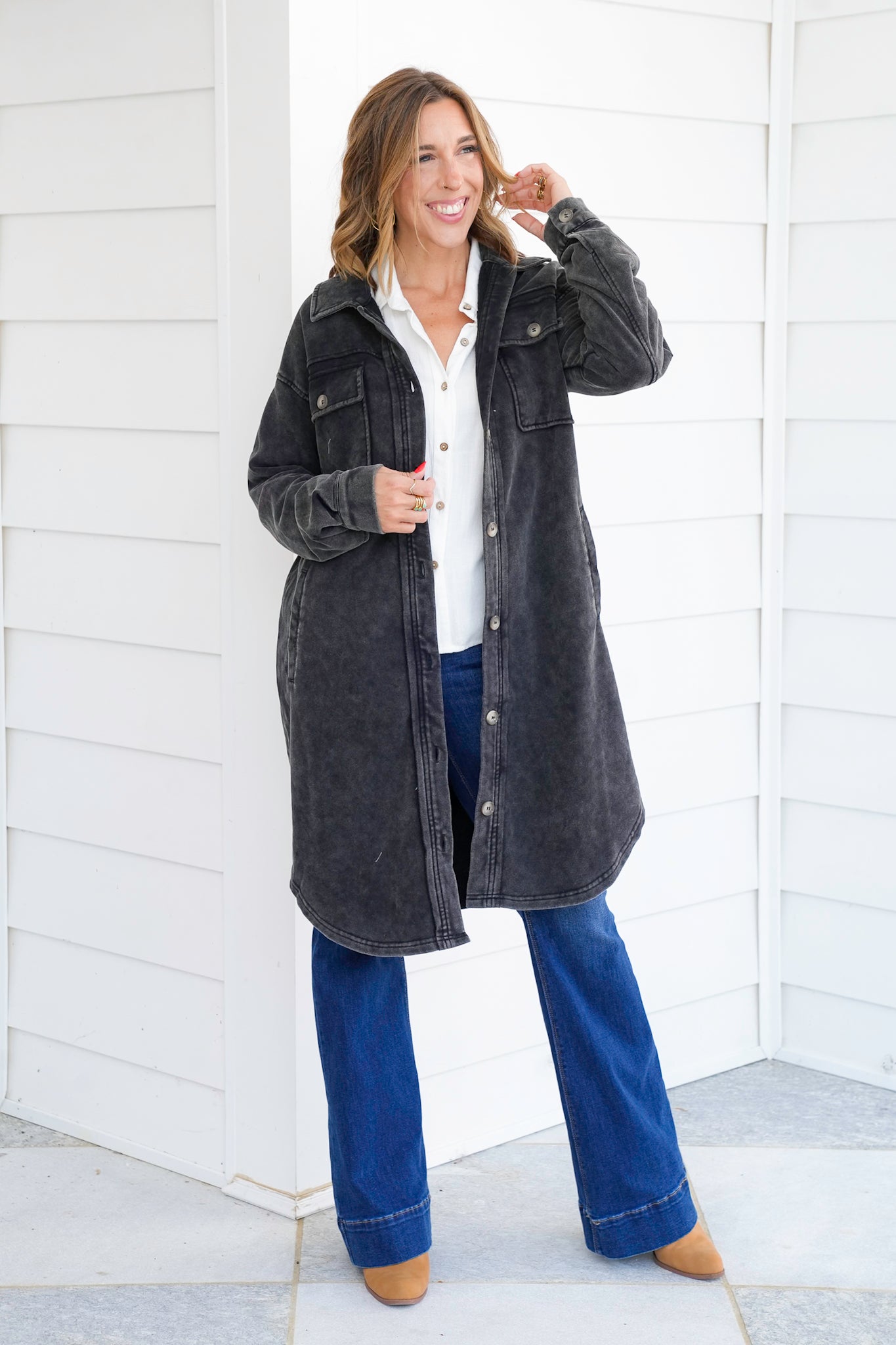 Mineral Washed Long Sleeve Button Up Jacket